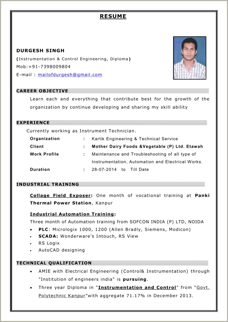 Sample Resume For Electrical Engineer In Power Plant