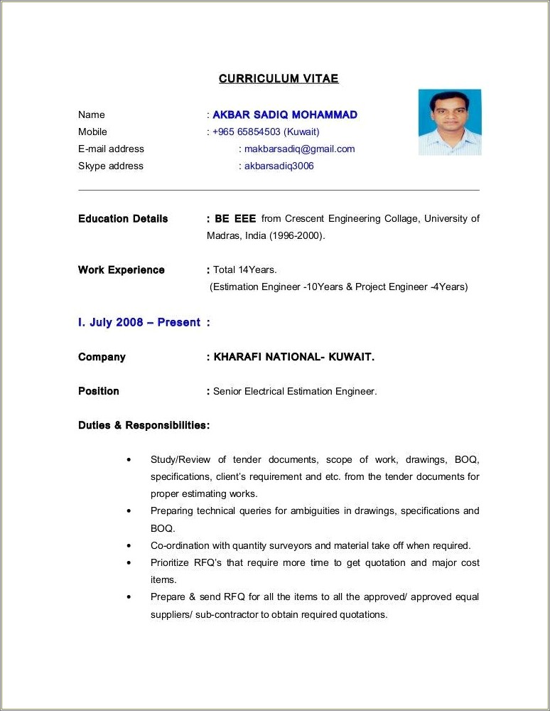 Sample Resume For Electrical Engineer In Switchgear