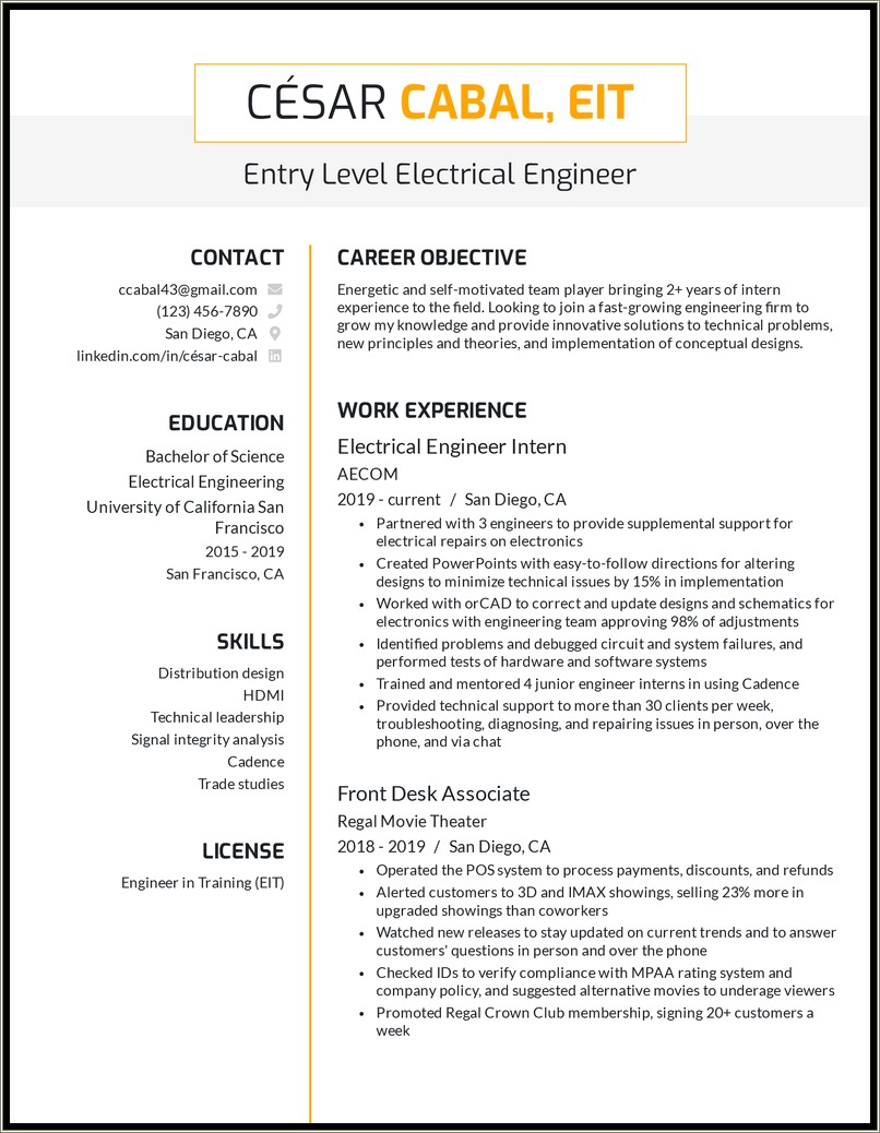 Sample Resume For Electrical Engineering Graduate