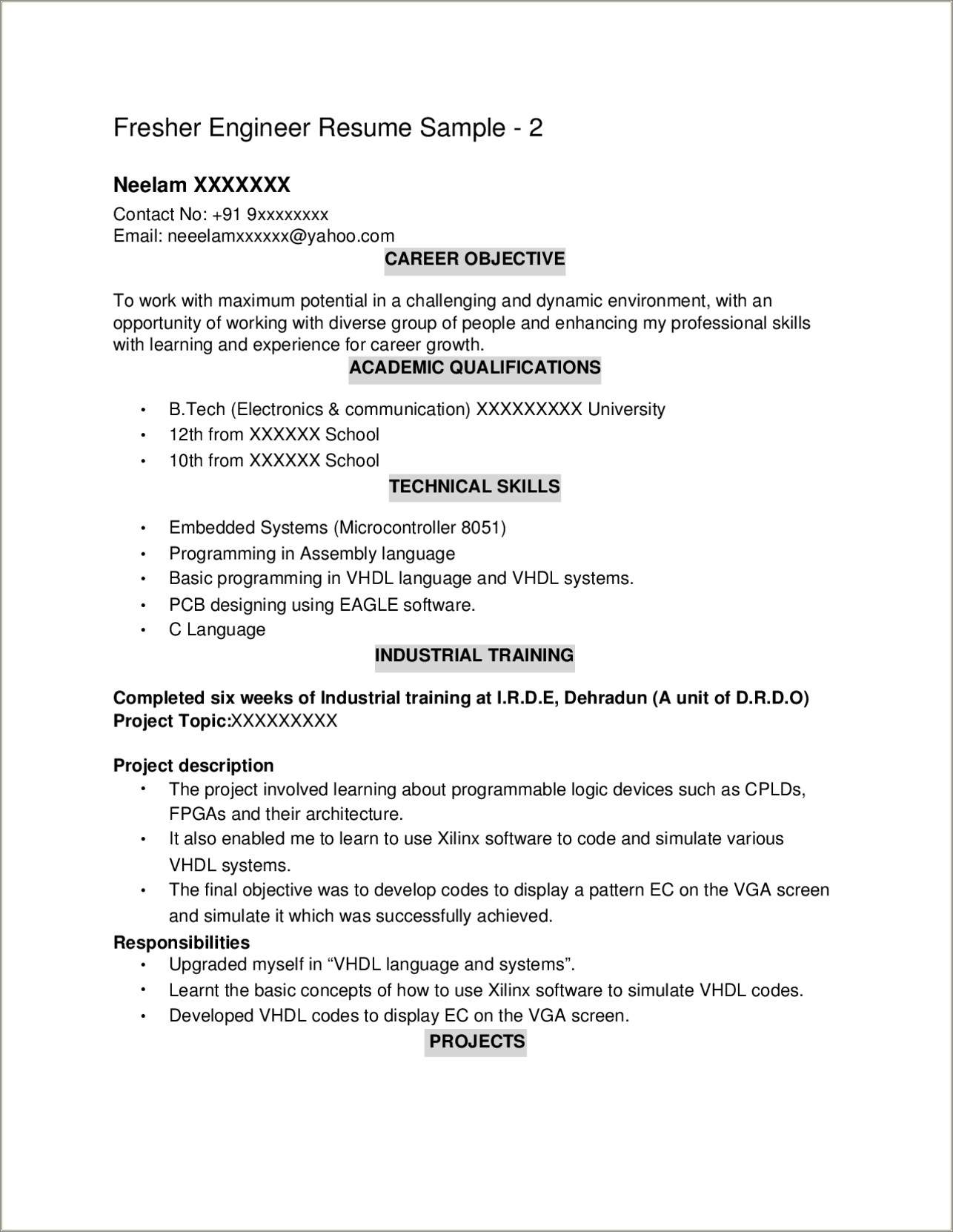 Sample Resume For Electronics And Communication Engineer Fresher