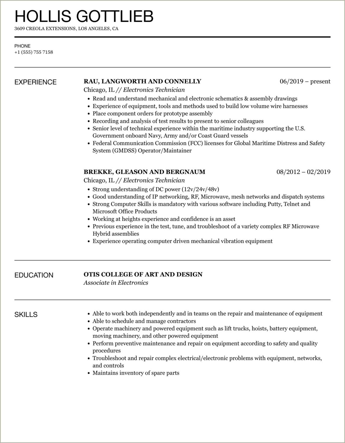 Sample Resume For Electronics Maintenance Engineer