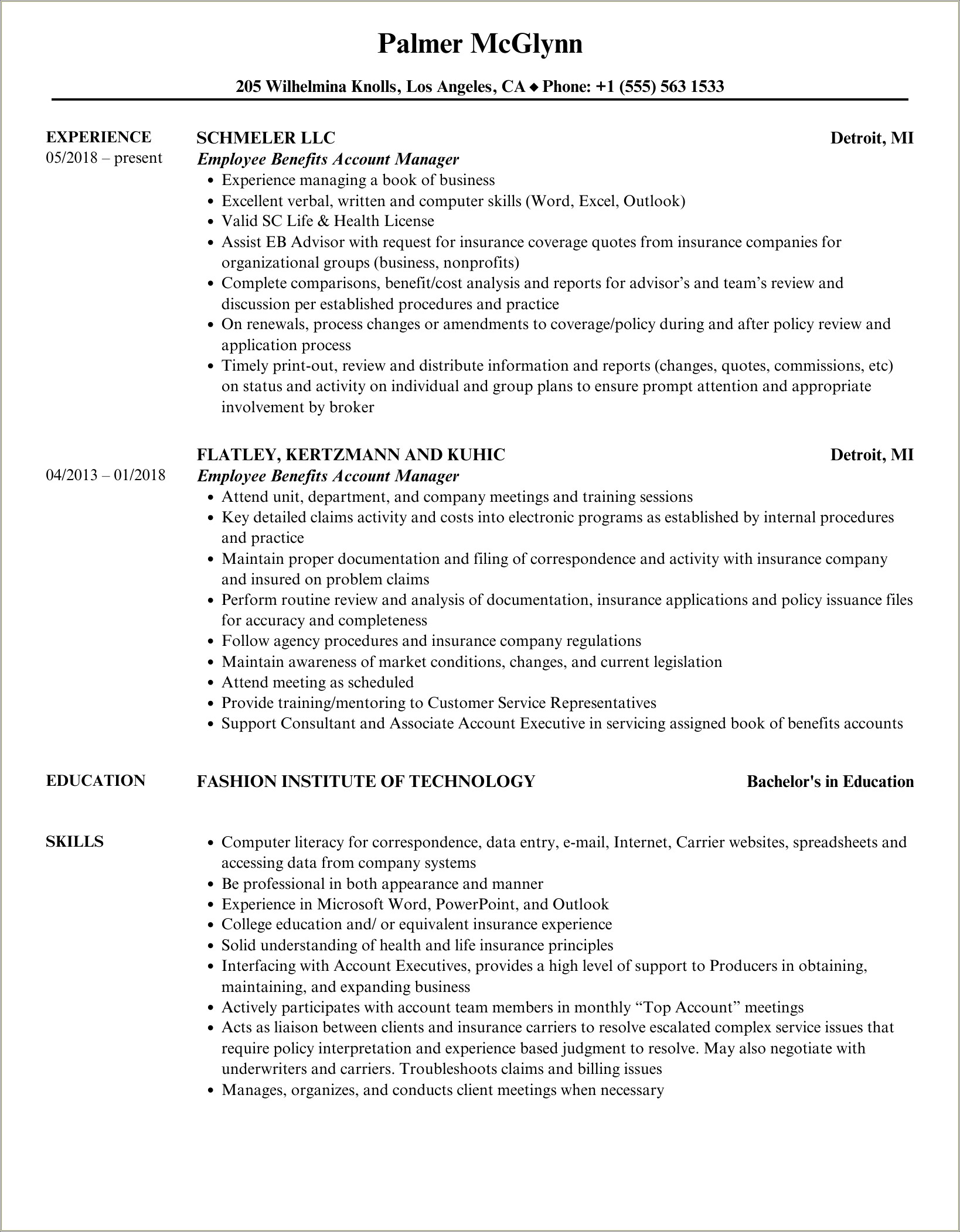 Sample Resume For Employee Benefits Account Manager