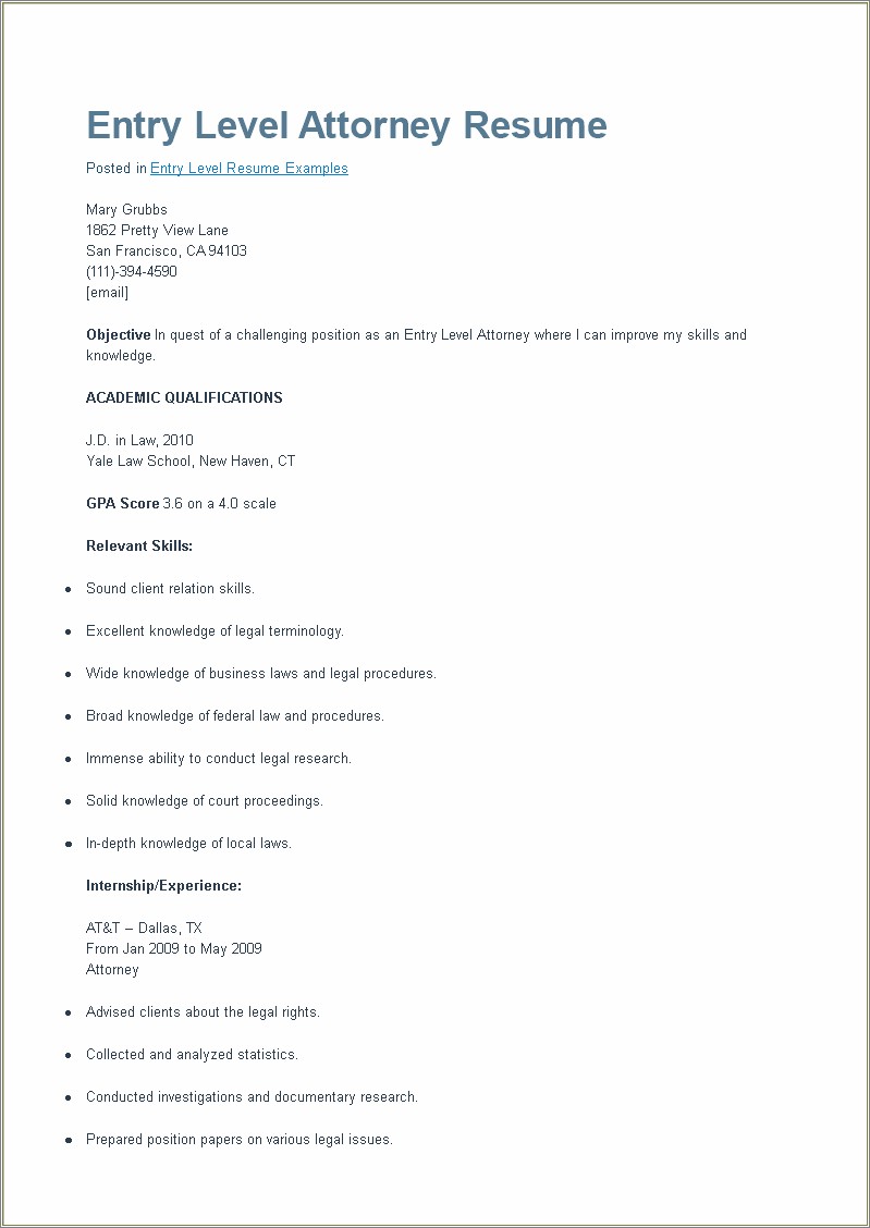 Sample Resume For Entry Level Attorney