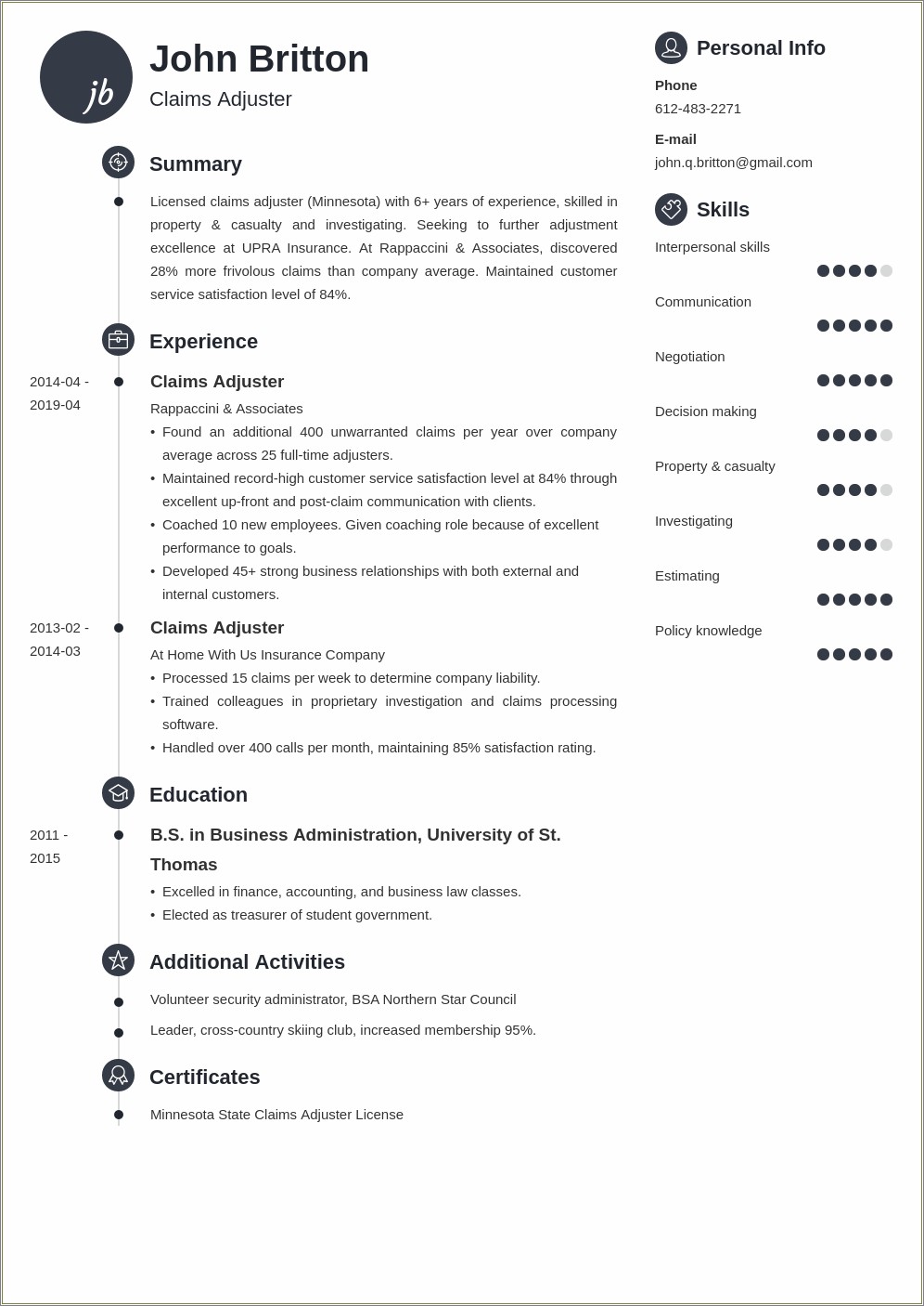 Sample Resume For Entry Level Claims Adjuster