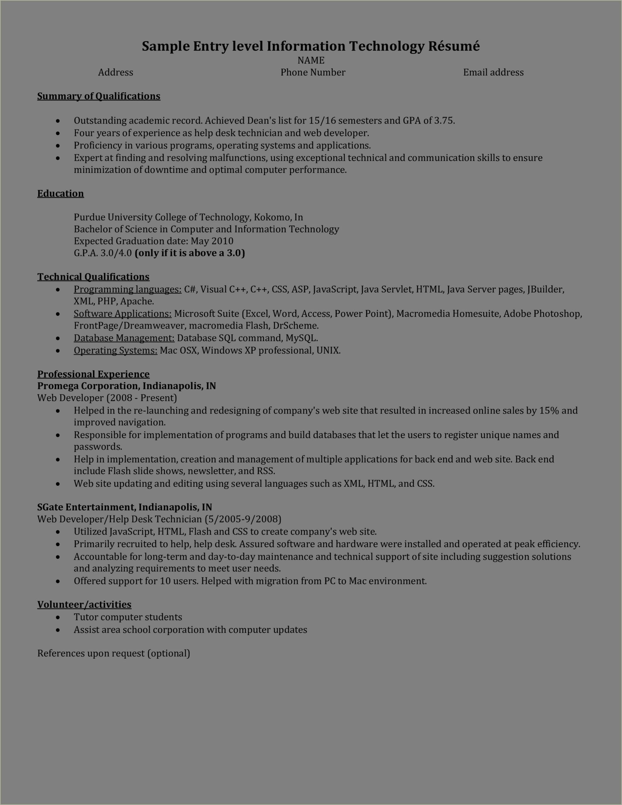 Sample Resume For Entry Level Computer Programmer