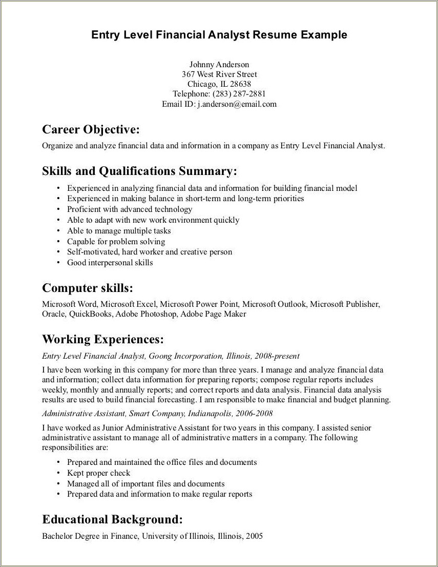 Sample Resume For Entry Level Financial Analyst Position