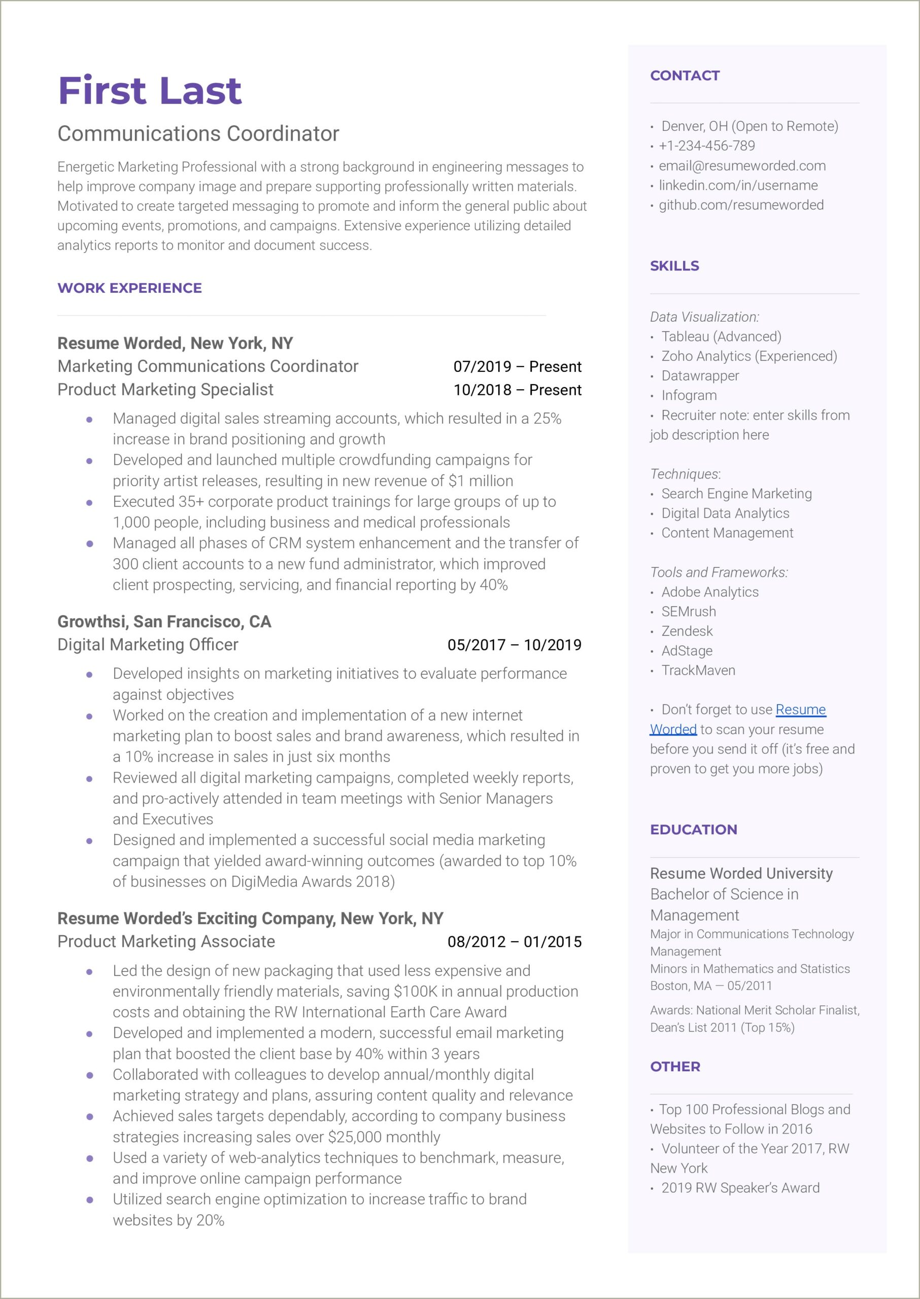 Sample Resume For Entry Level Marketing Coordinator