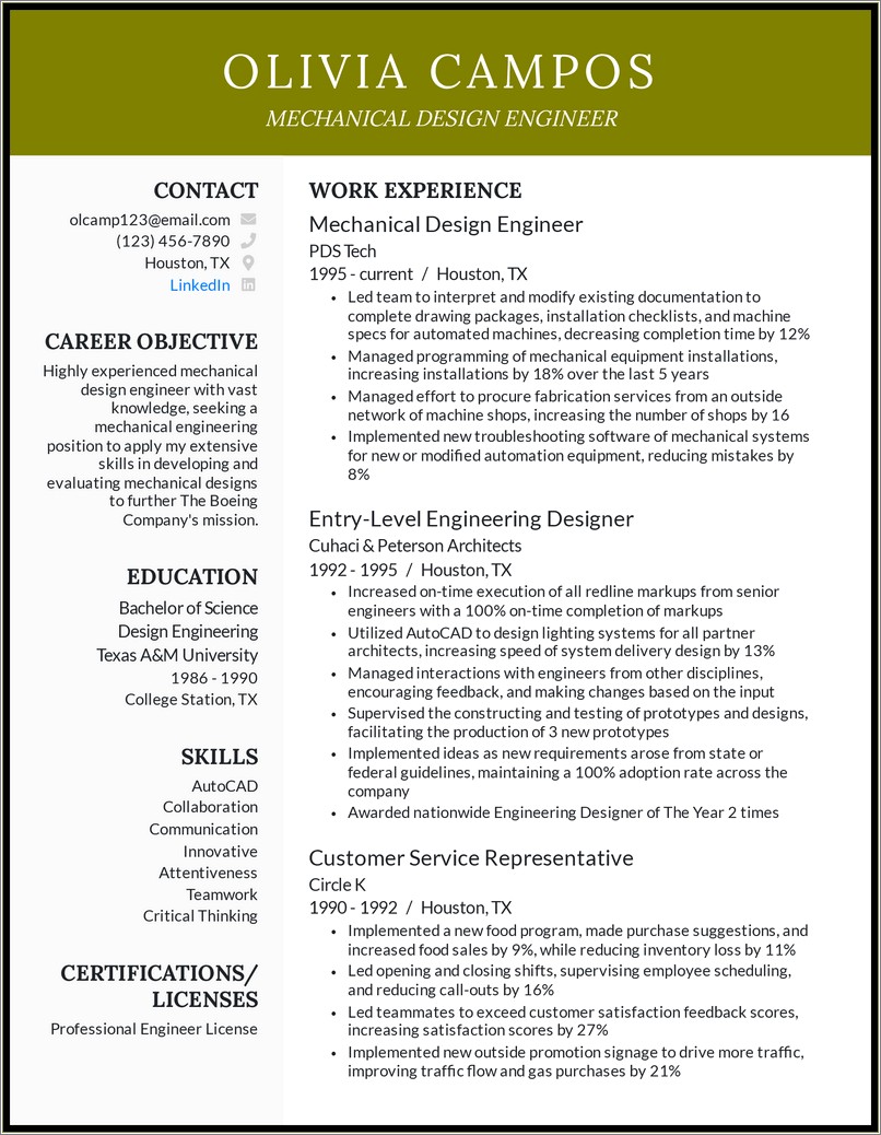 Sample Resume For Entry Level Mechanical Engineer