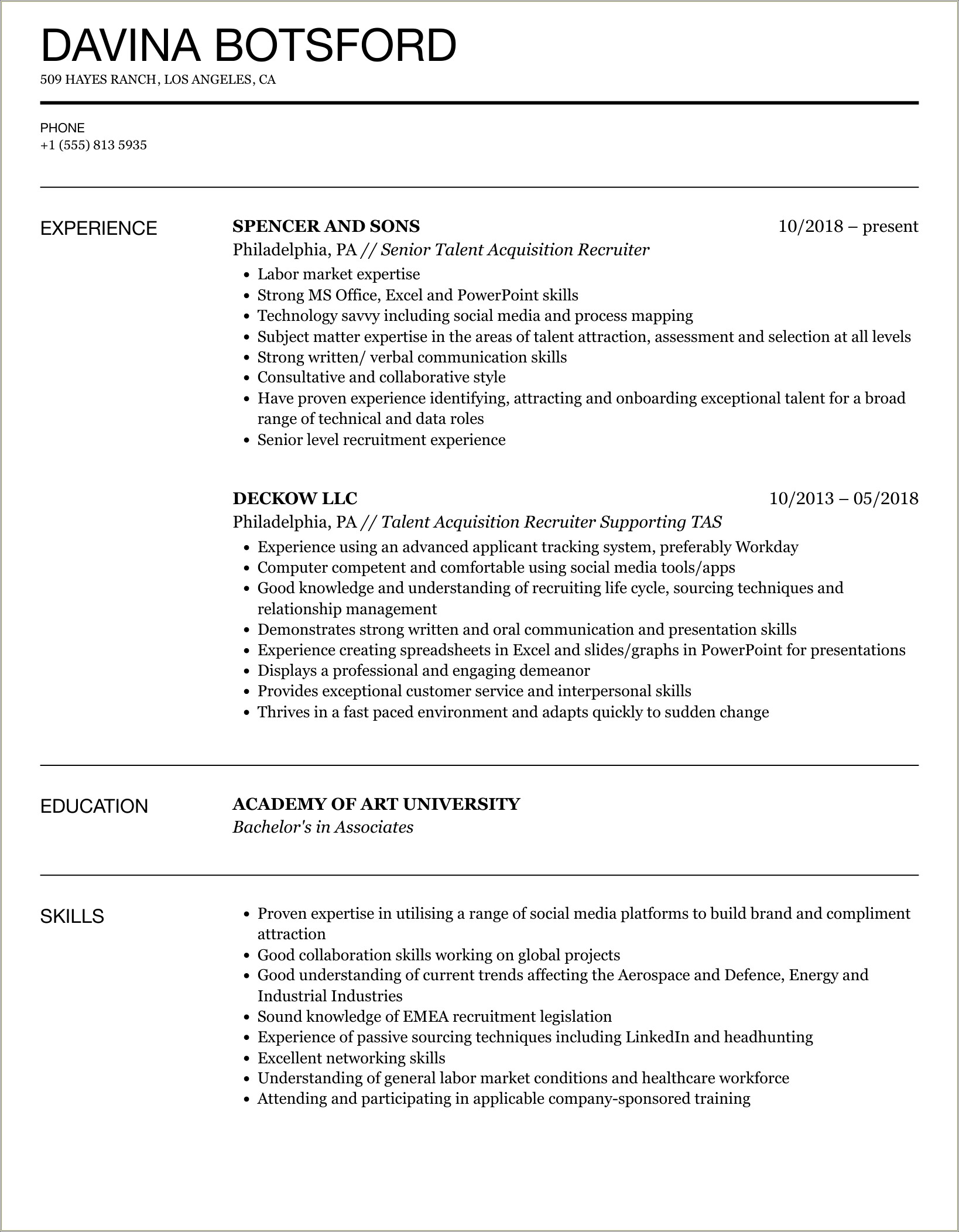 Sample Resume For Entry Level Recruiter Position