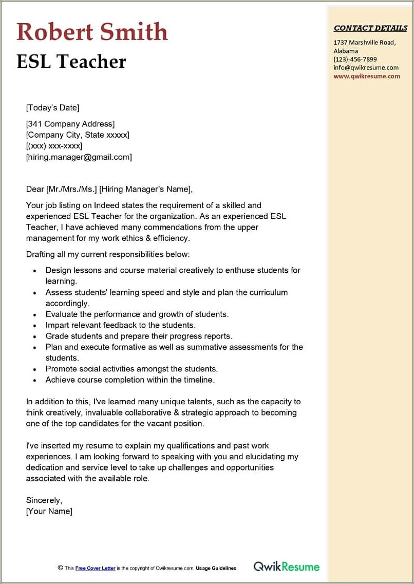 Sample Resume For Esl Teaching Job