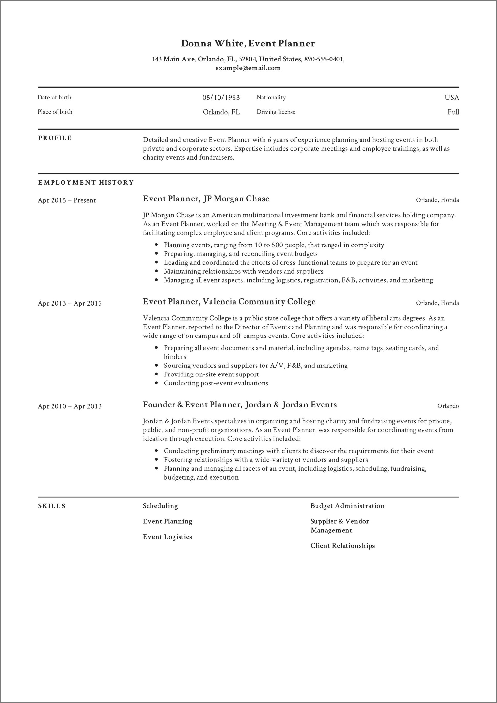 Sample Resume For Event Planner Assistant
