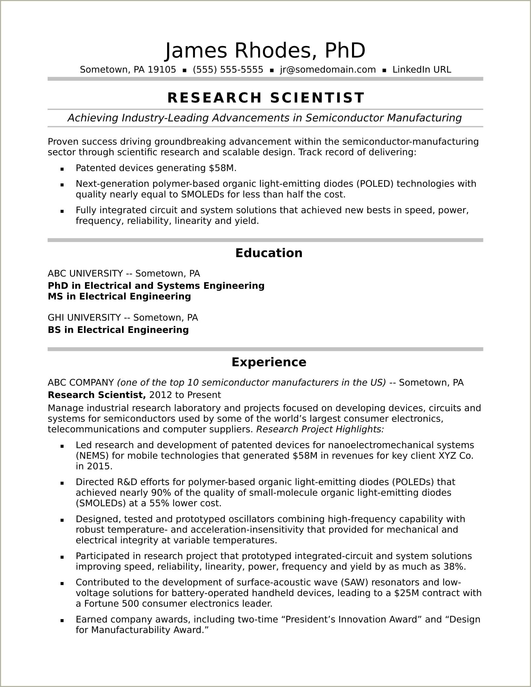 Sample Resume For Experience Research Scientist