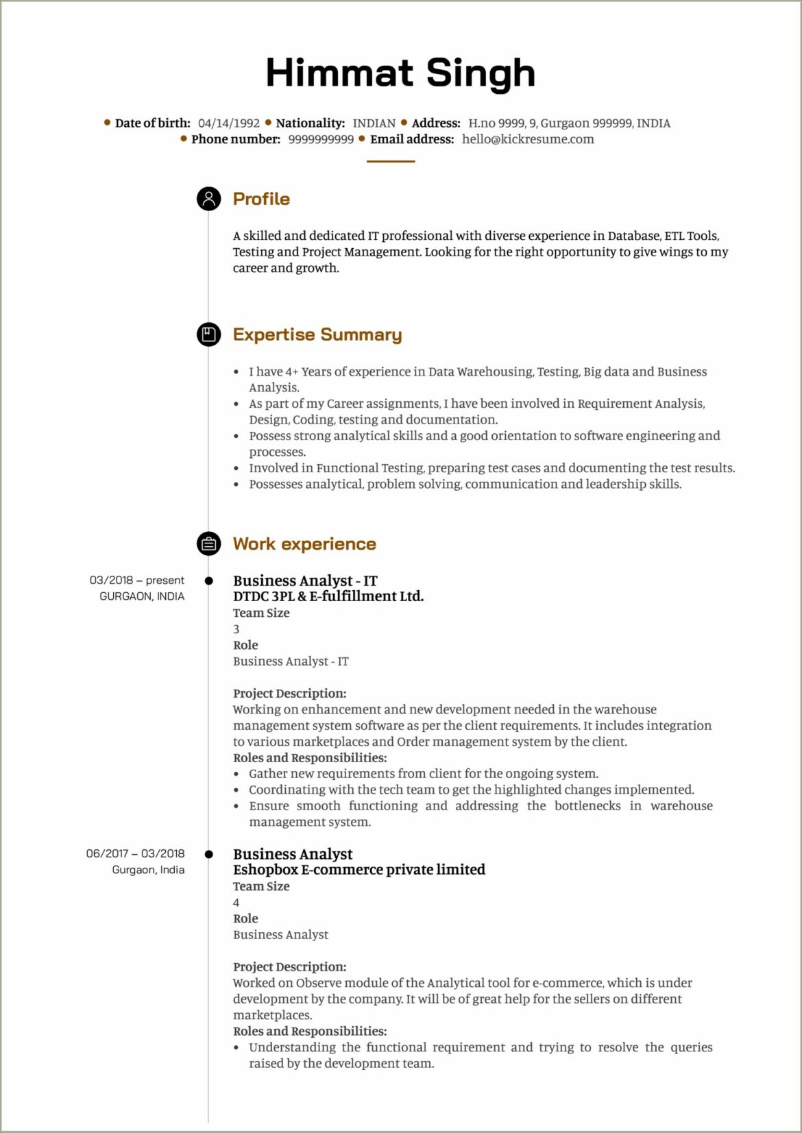 Sample Resume For Experienced Business Analyst