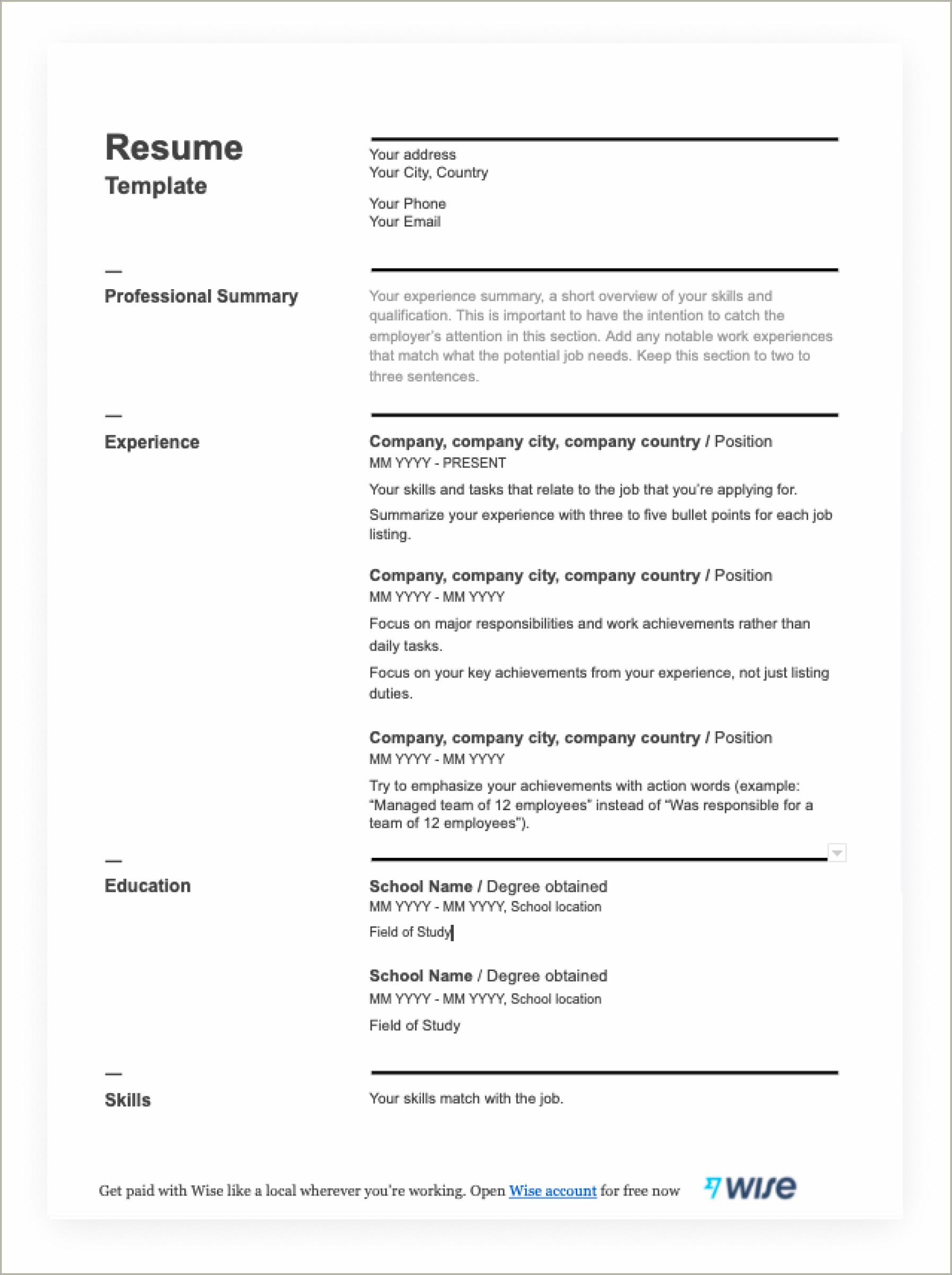 Sample Resume For Experienced Free Download