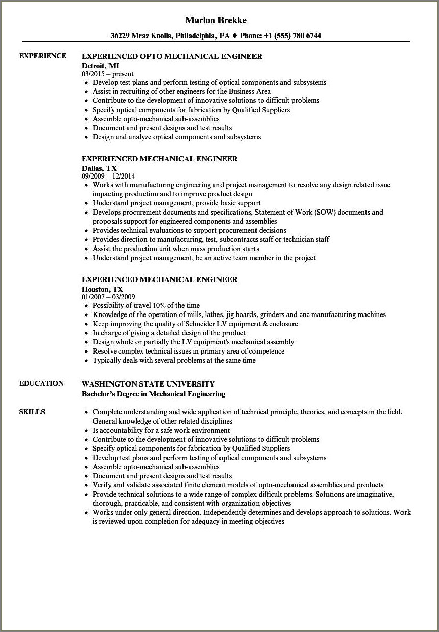 Sample Resume For Experienced Mechanical Engineer