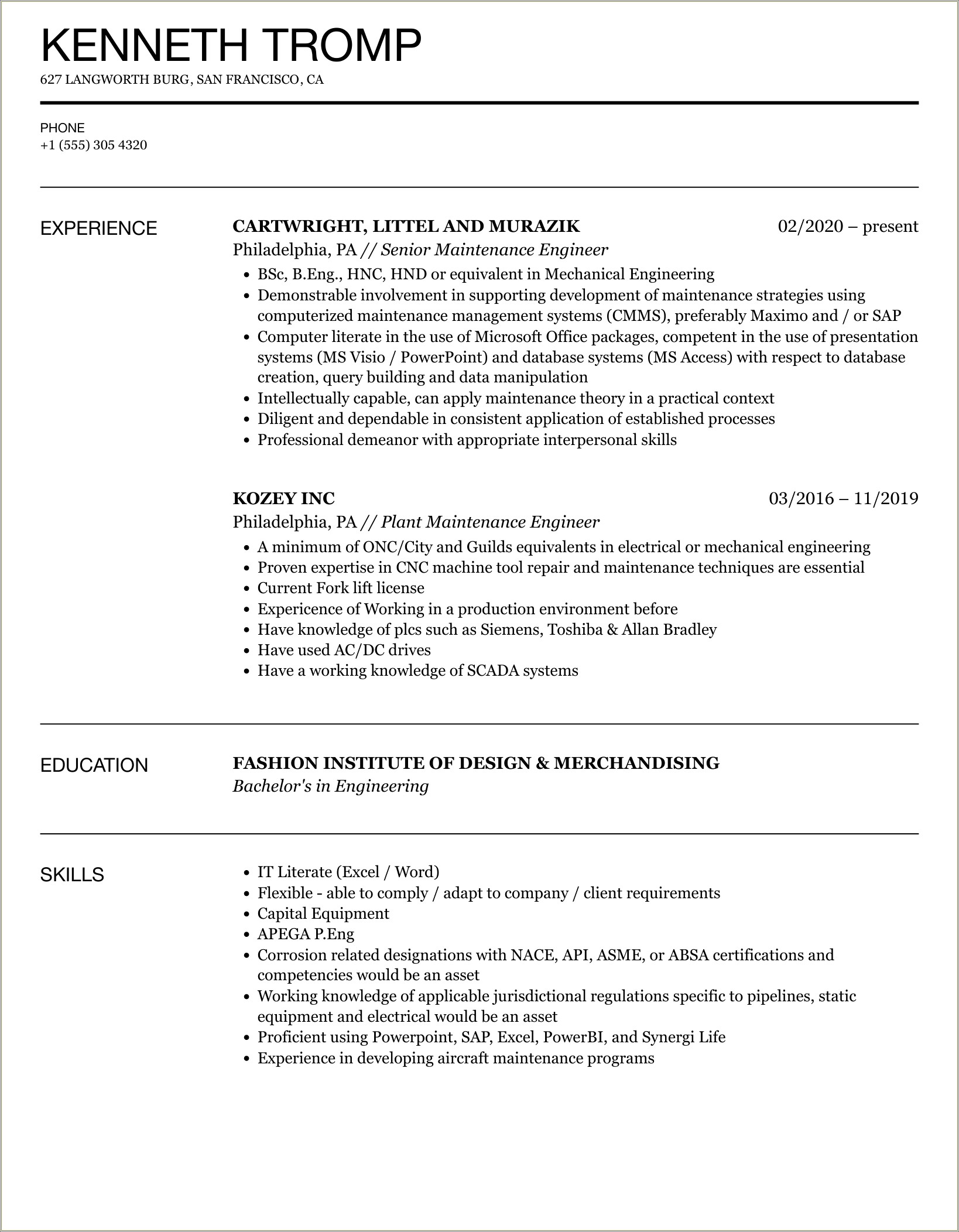 Sample Resume For Experienced Mechanical Maintenance Engineer