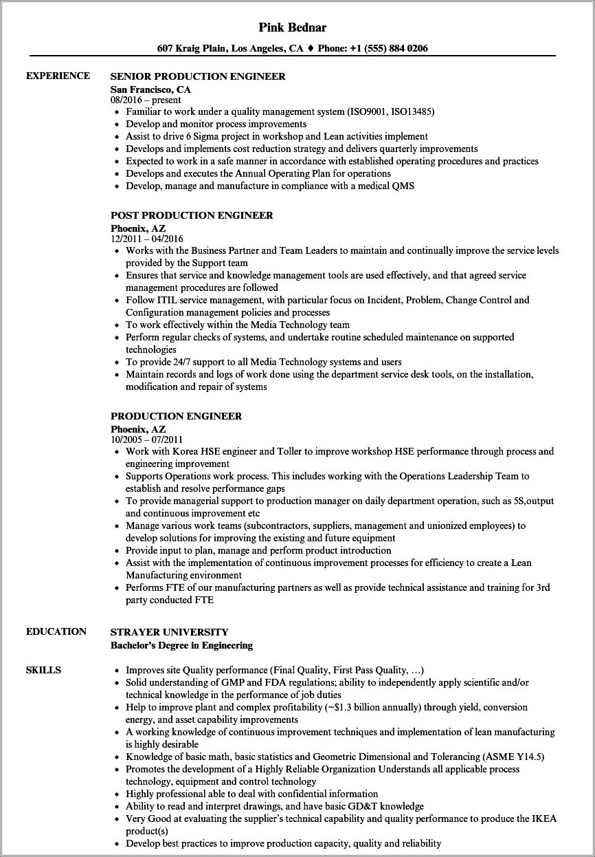 Sample Resume For Experienced Mechanical Production Engineer