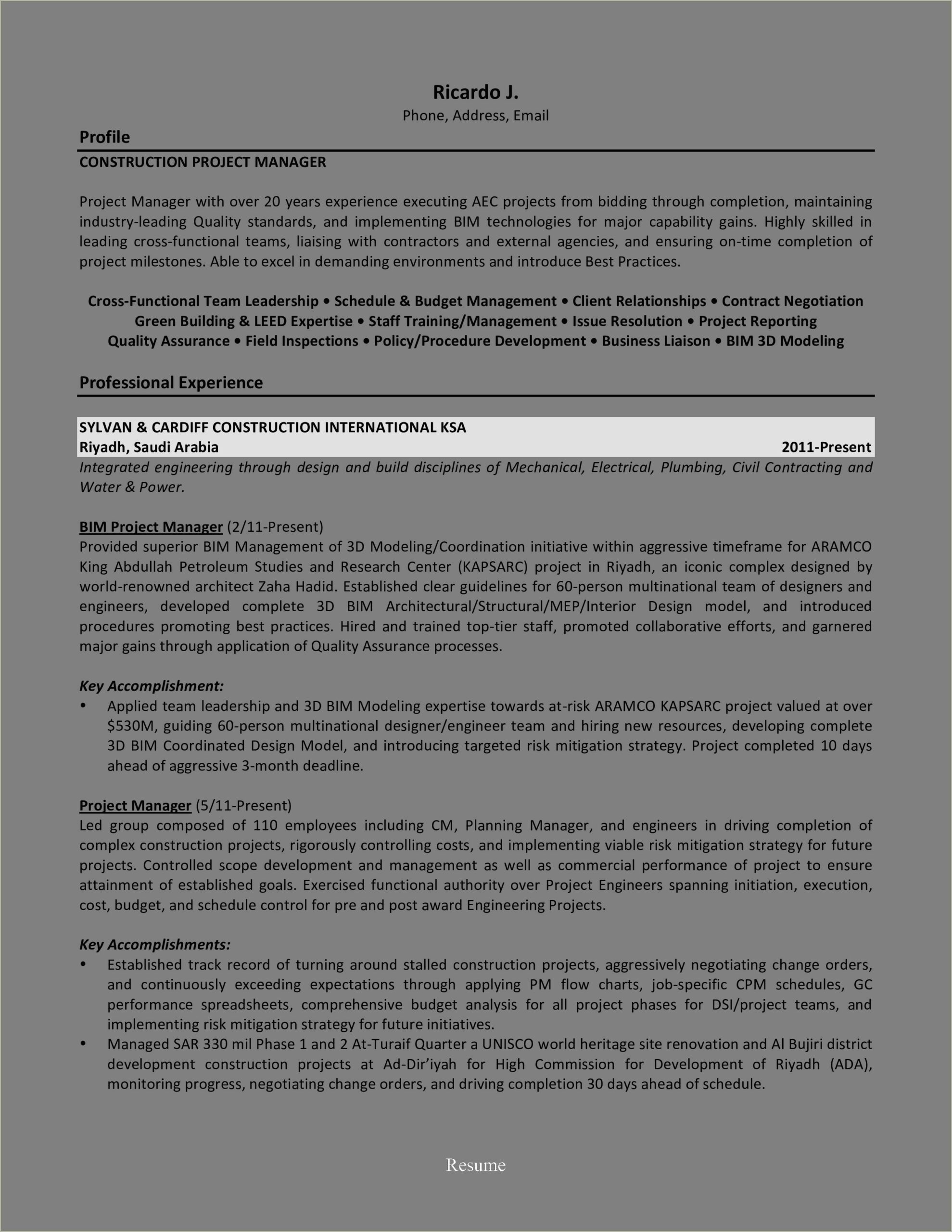 Sample Resume For Experienced Mechanical Project Manager