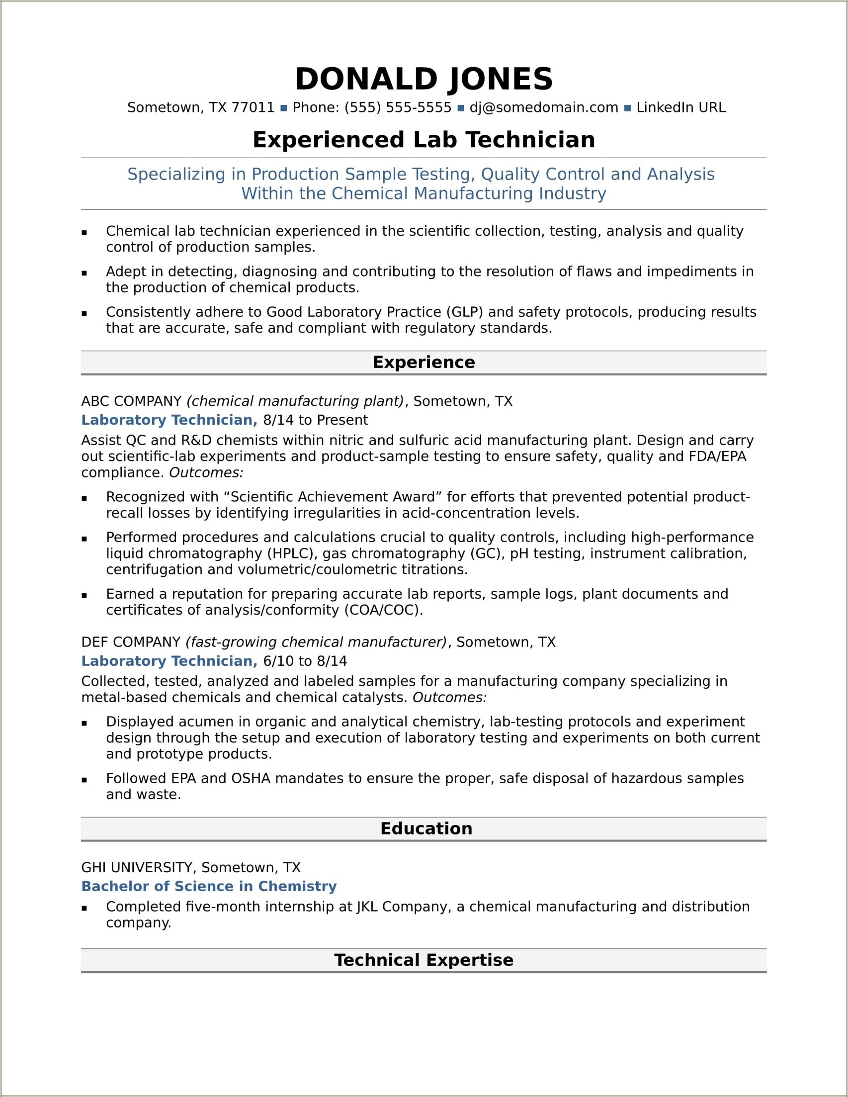 Sample Resume For Experienced Medical Lab Technician