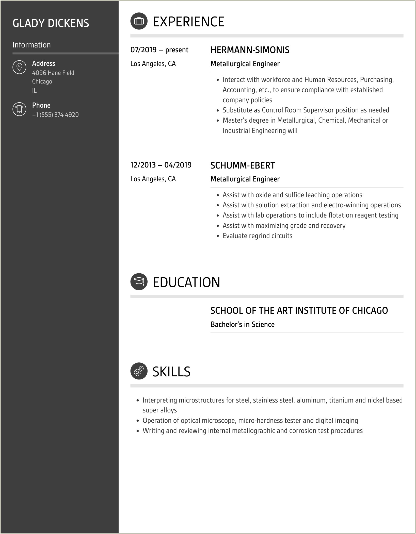 Sample Resume For Experienced Metallurgical Engineer