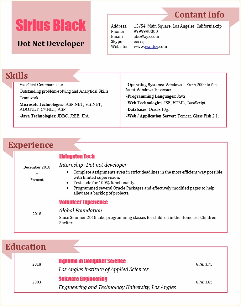 Sample Resume For Experienced Net Developer Download