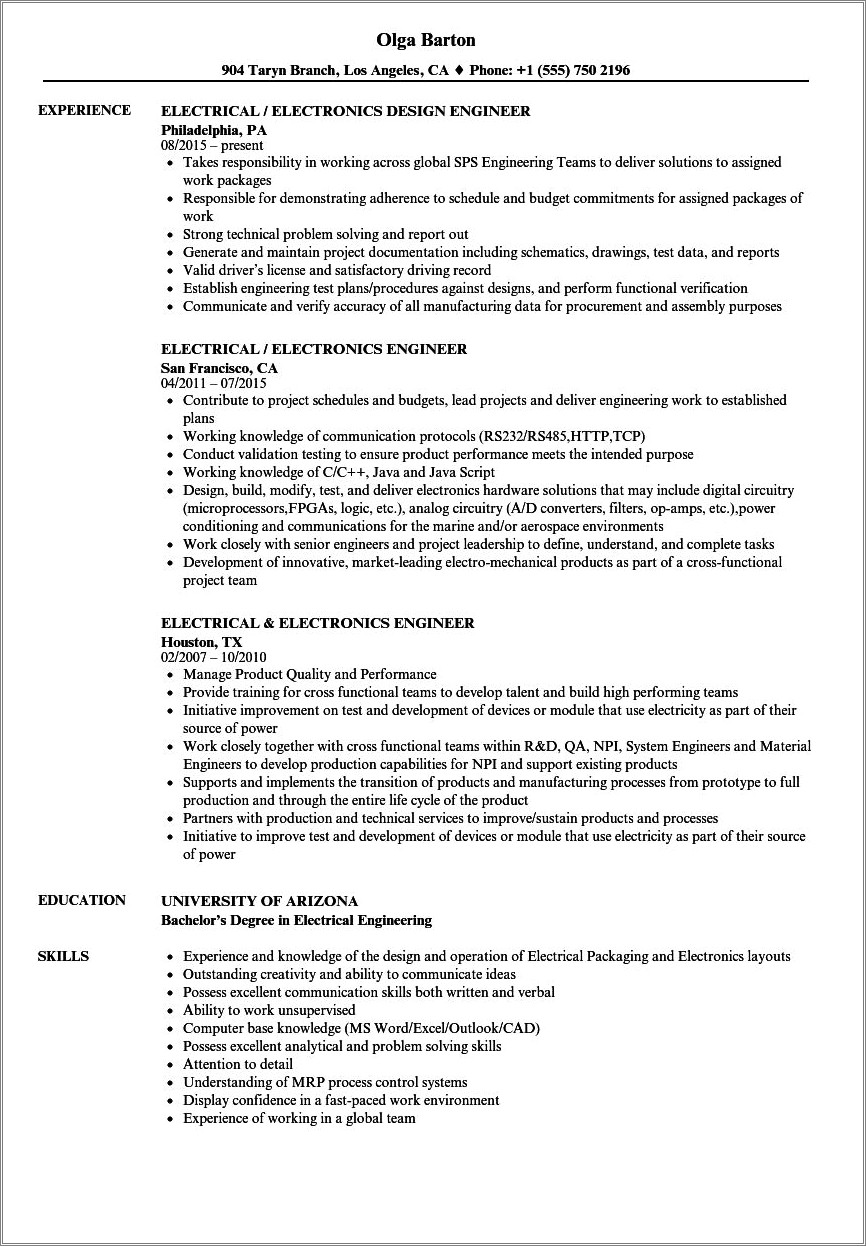 Sample Resume For Experienced Power Electronics Engineer