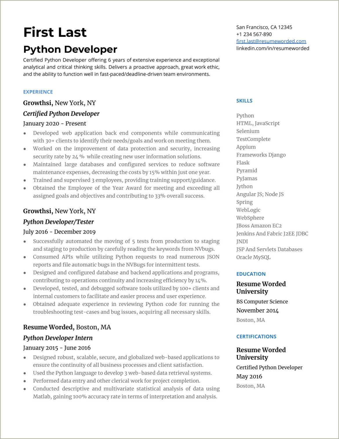 Sample Resume For Experienced Python Developer