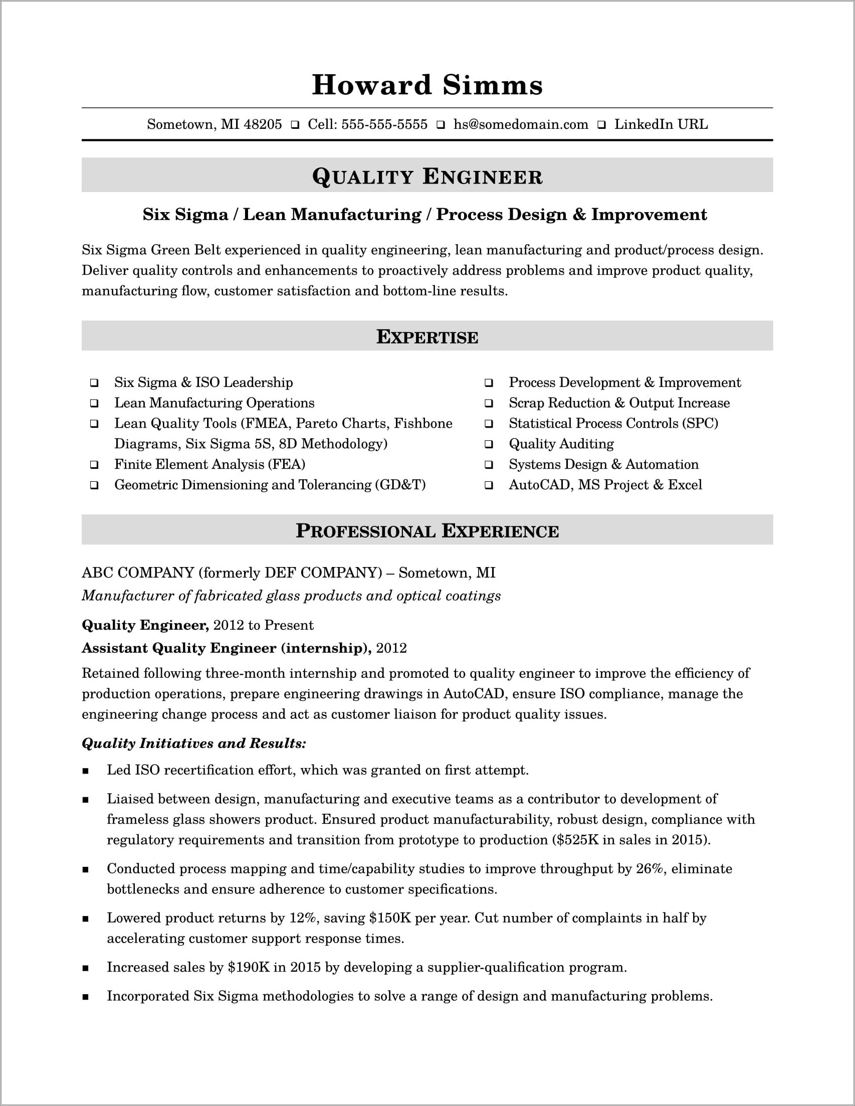 Sample Resume For Experienced Quality Control Engineer