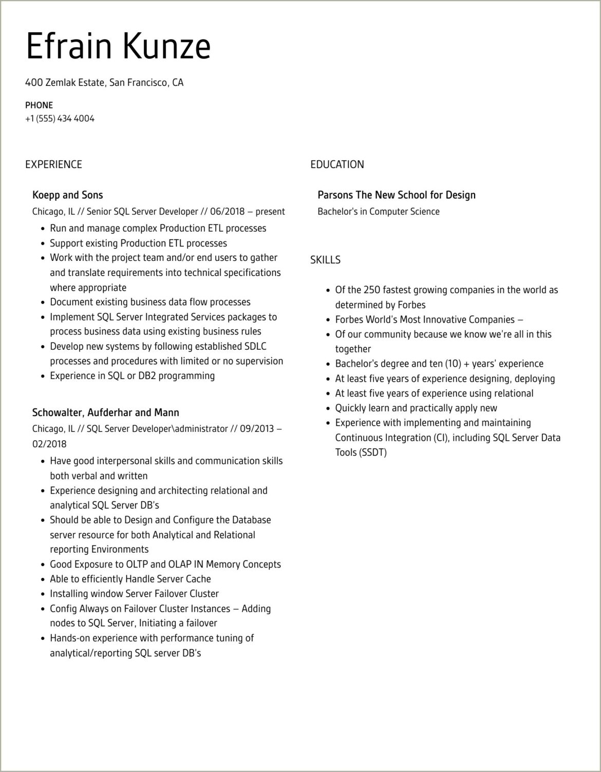 Sample Resume For Experienced Sql Server Developer