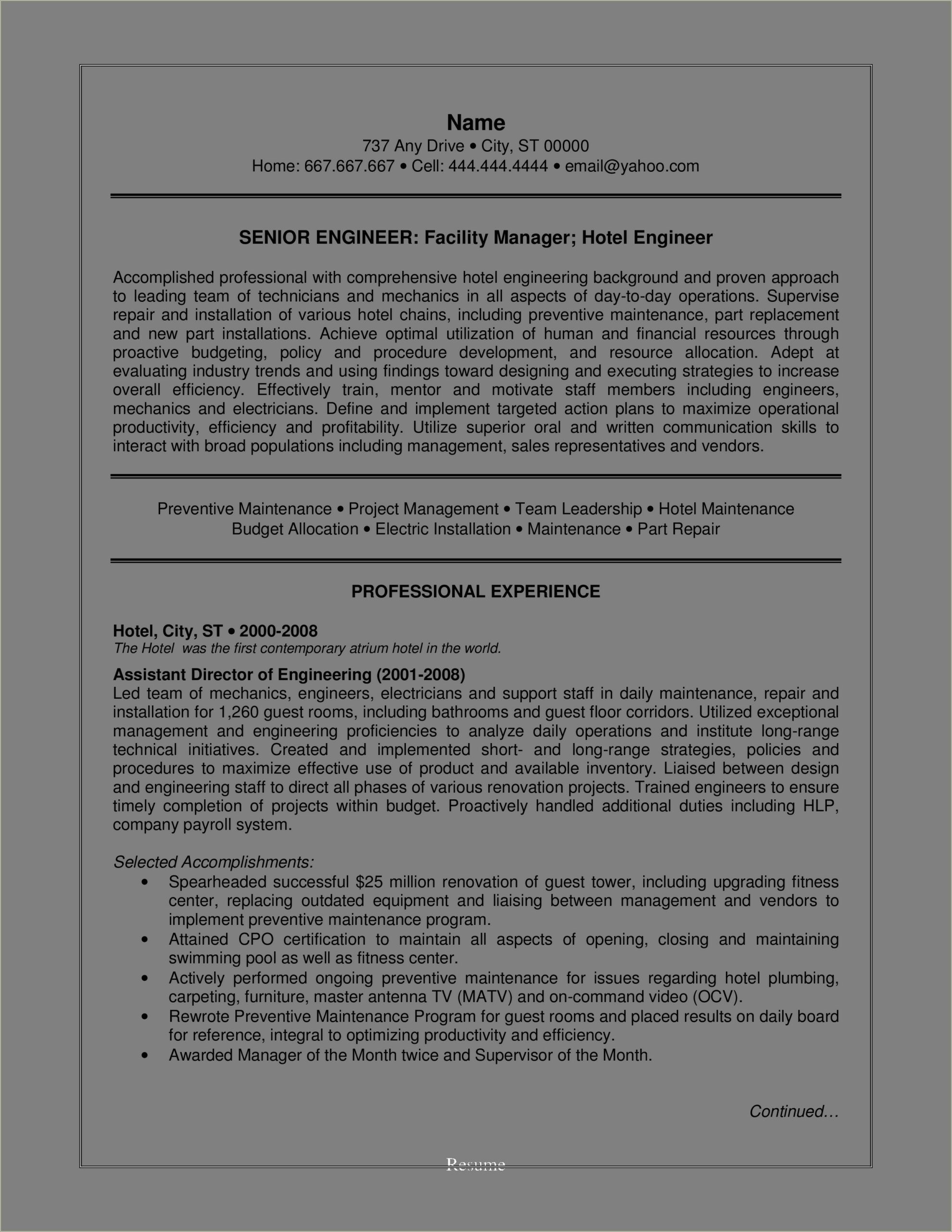 Sample Resume For Facility Maintenance Director