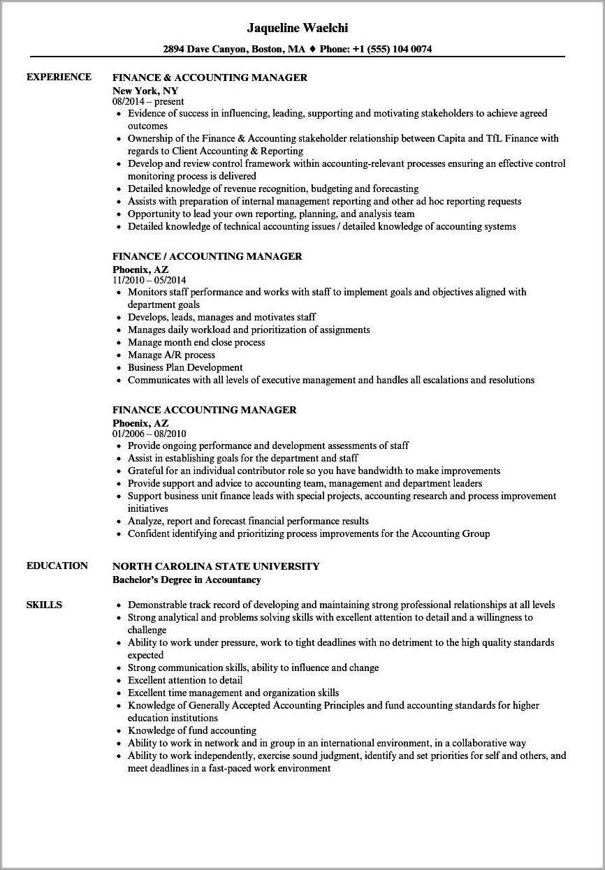 Sample Resume For Finance And Accounting Manager