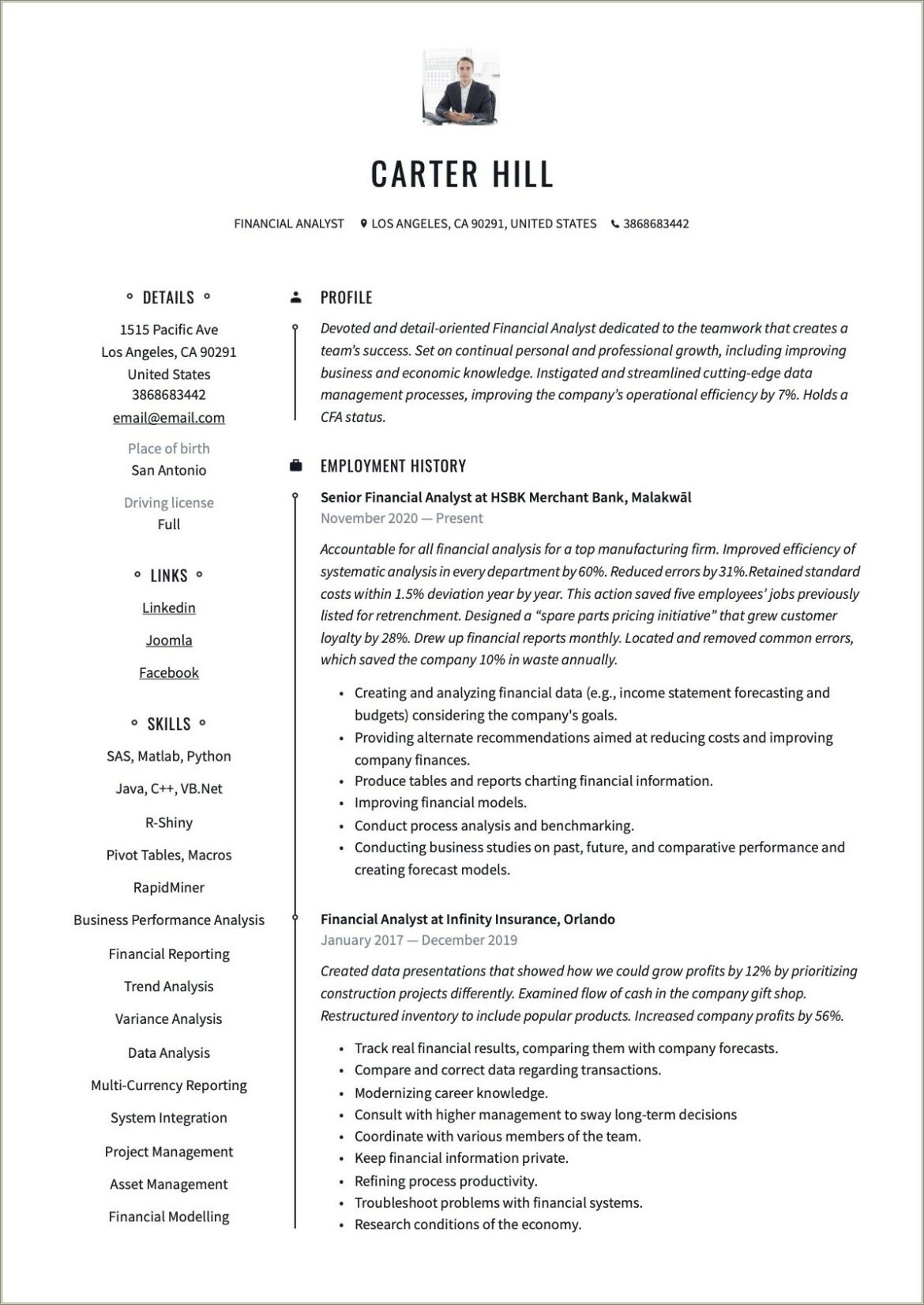 Sample Resume For Financial Analyst Job