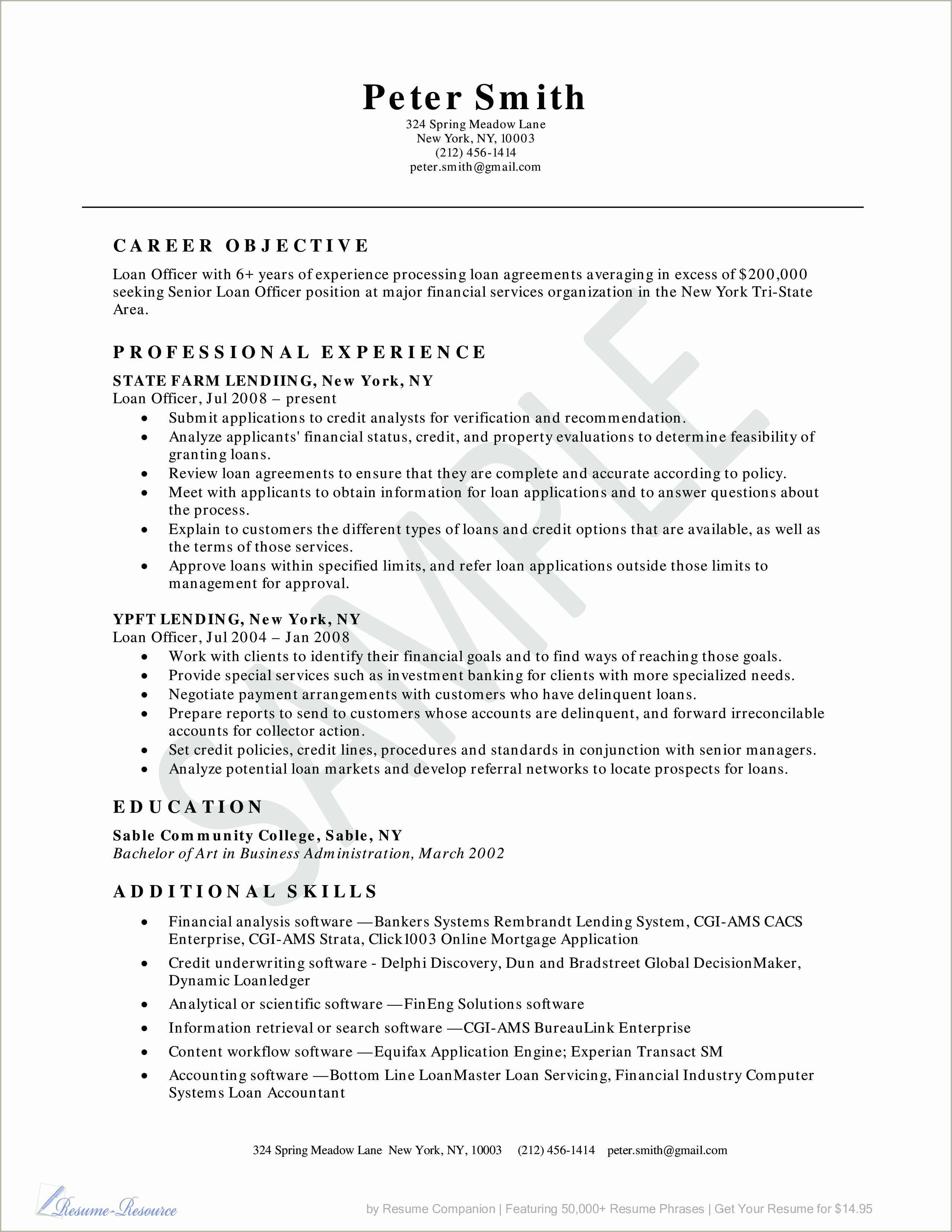 Sample Resume For Financial Loan Officer