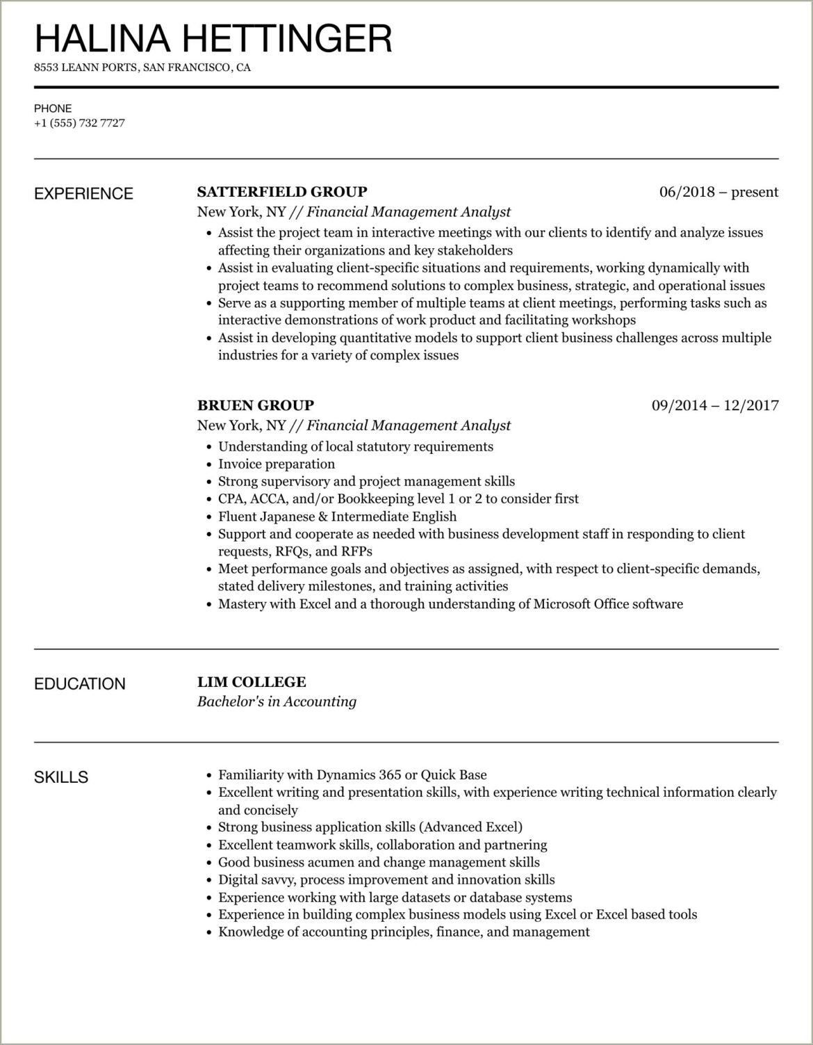 Sample Resume For Financial Management Analyst