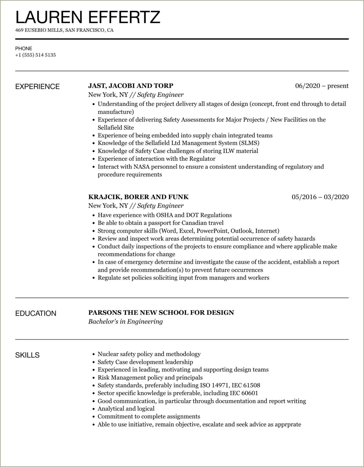 Sample Resume For Fire And Safety Fresher