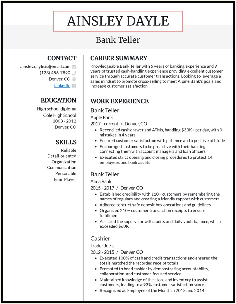 Sample Resume For First Time Bank Teller