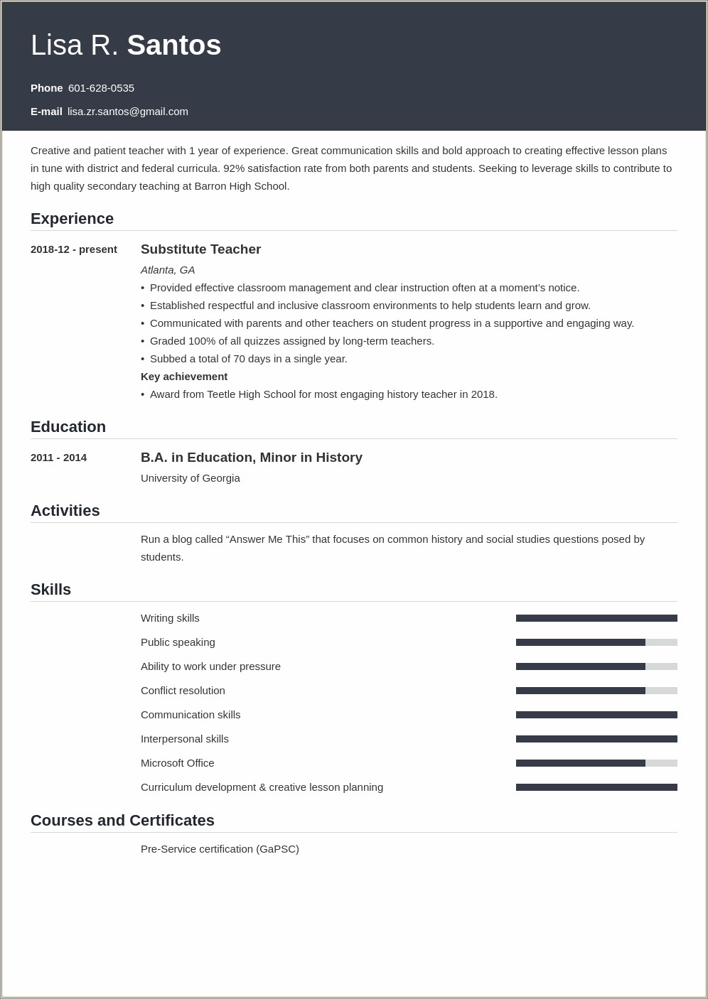 Sample Resume For First Time Teacher Applicant