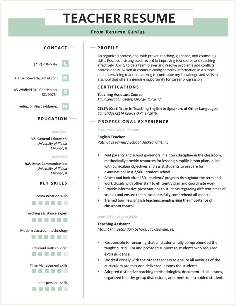 Sample Resume For First Time Teachers
