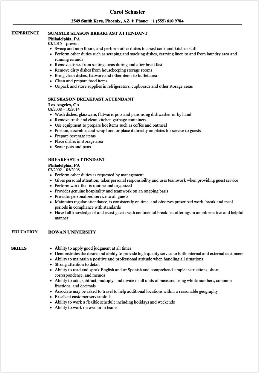 Sample Resume For Food Counter Attendant