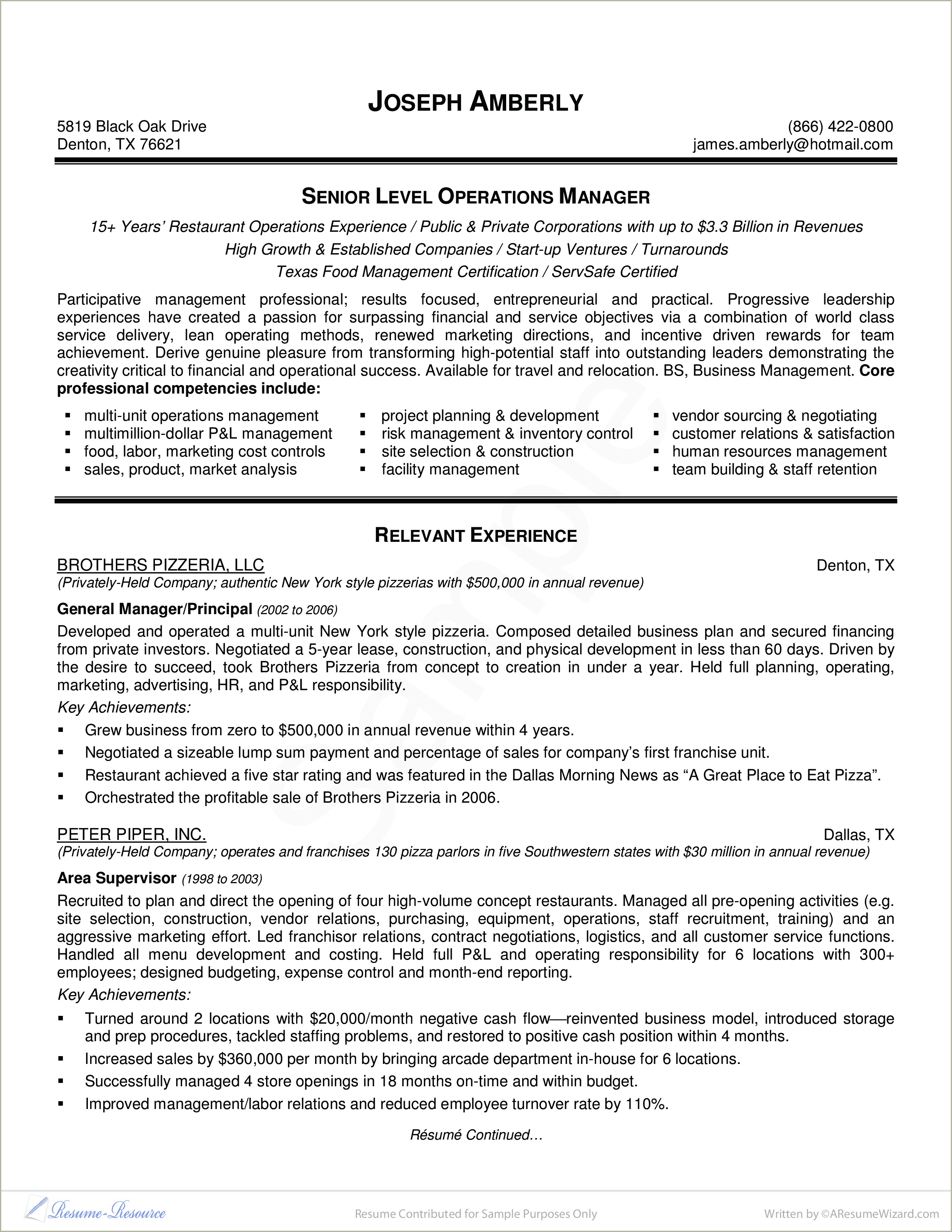 Sample Resume For Food Production Manager