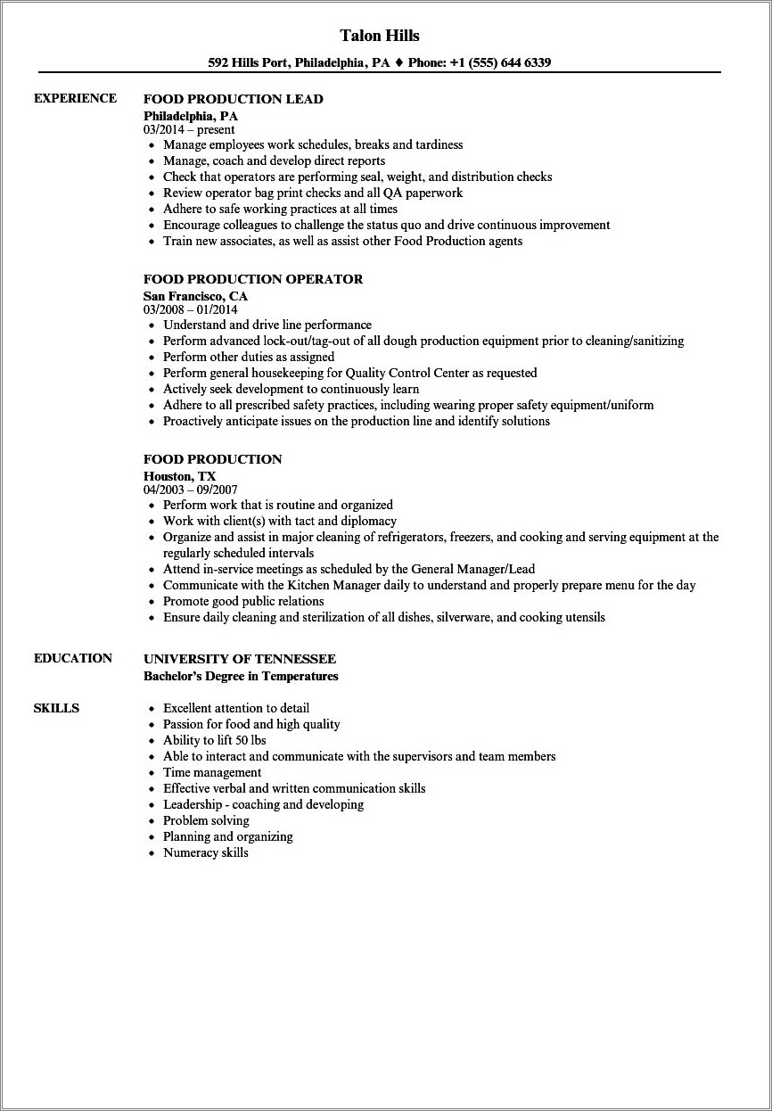 Sample Resume For Food Production Supervisor