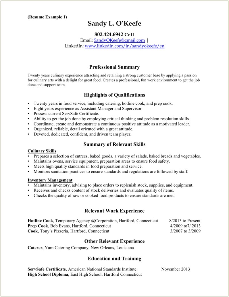 Sample Resume For Food Service Assistant Manager