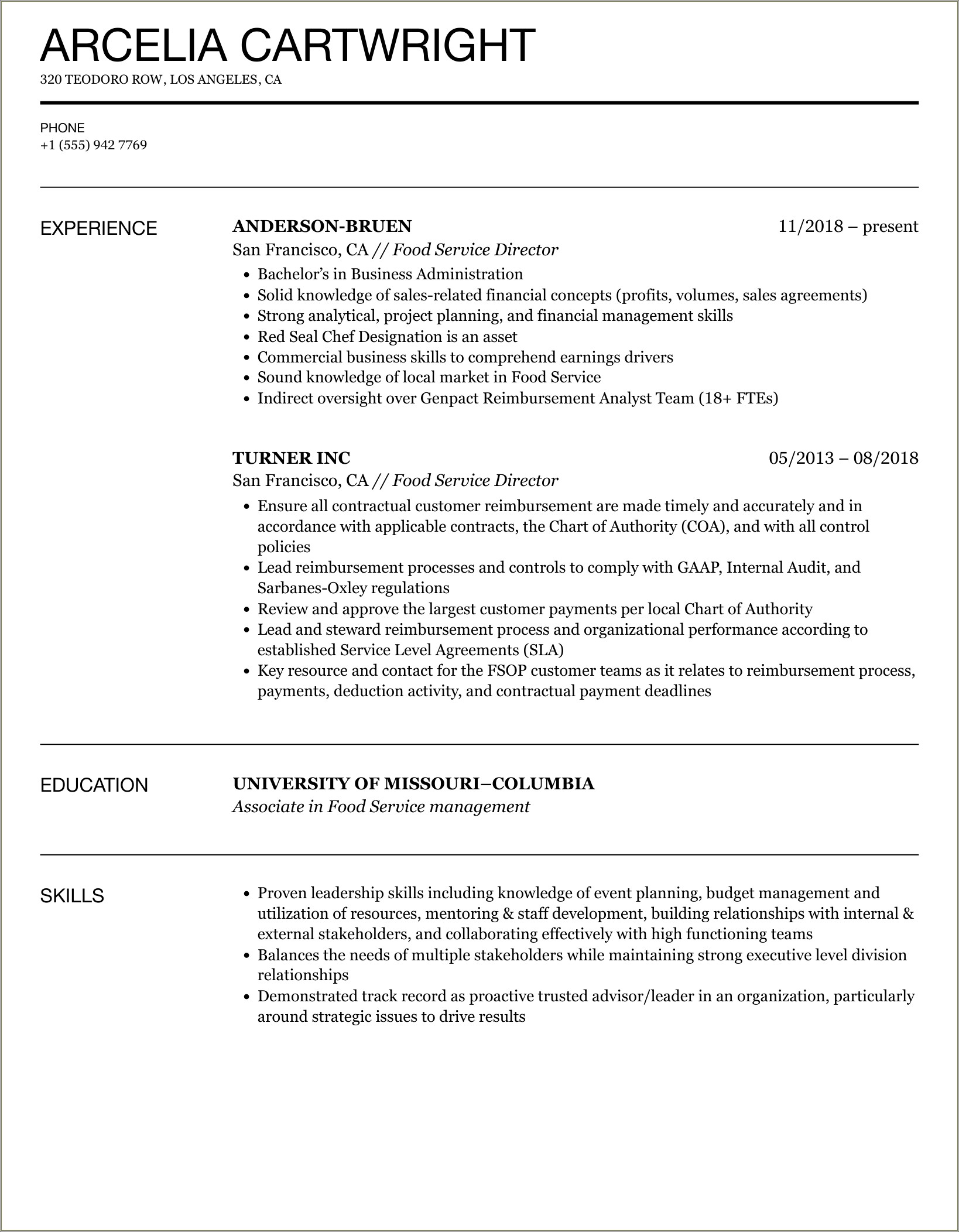 Sample Resume For Food Service Professional