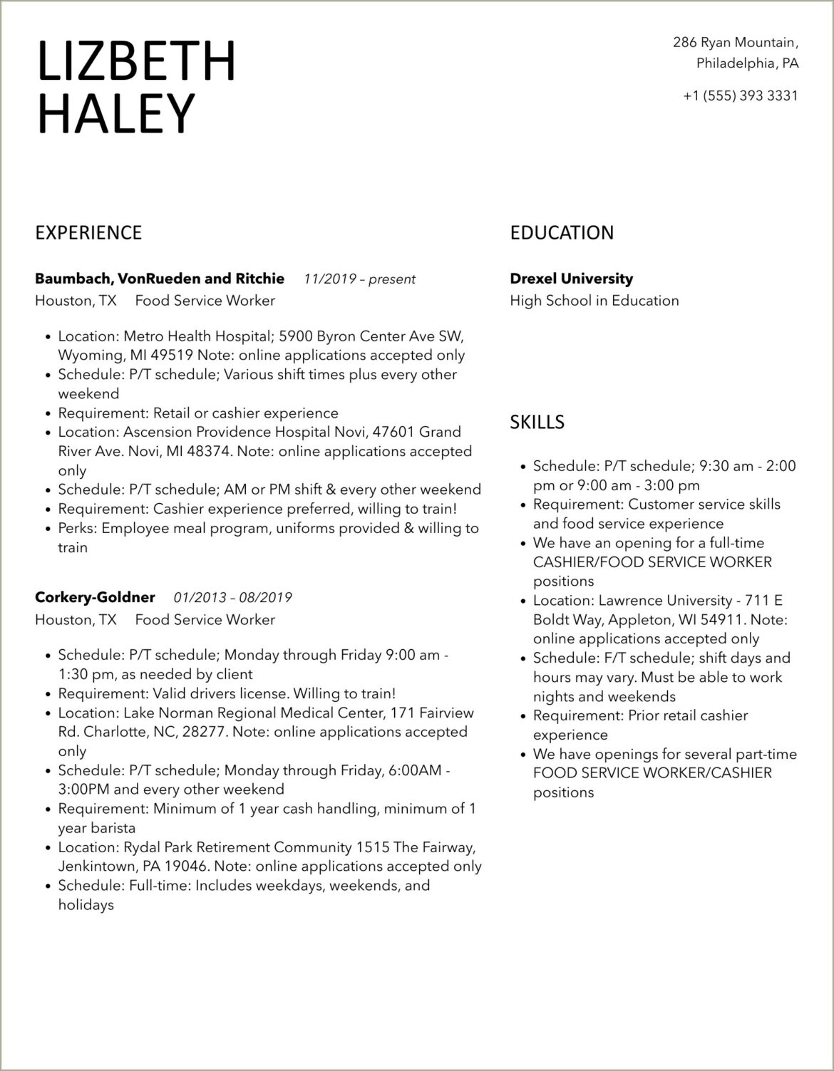 Sample Resume For Food Service Worker Monster