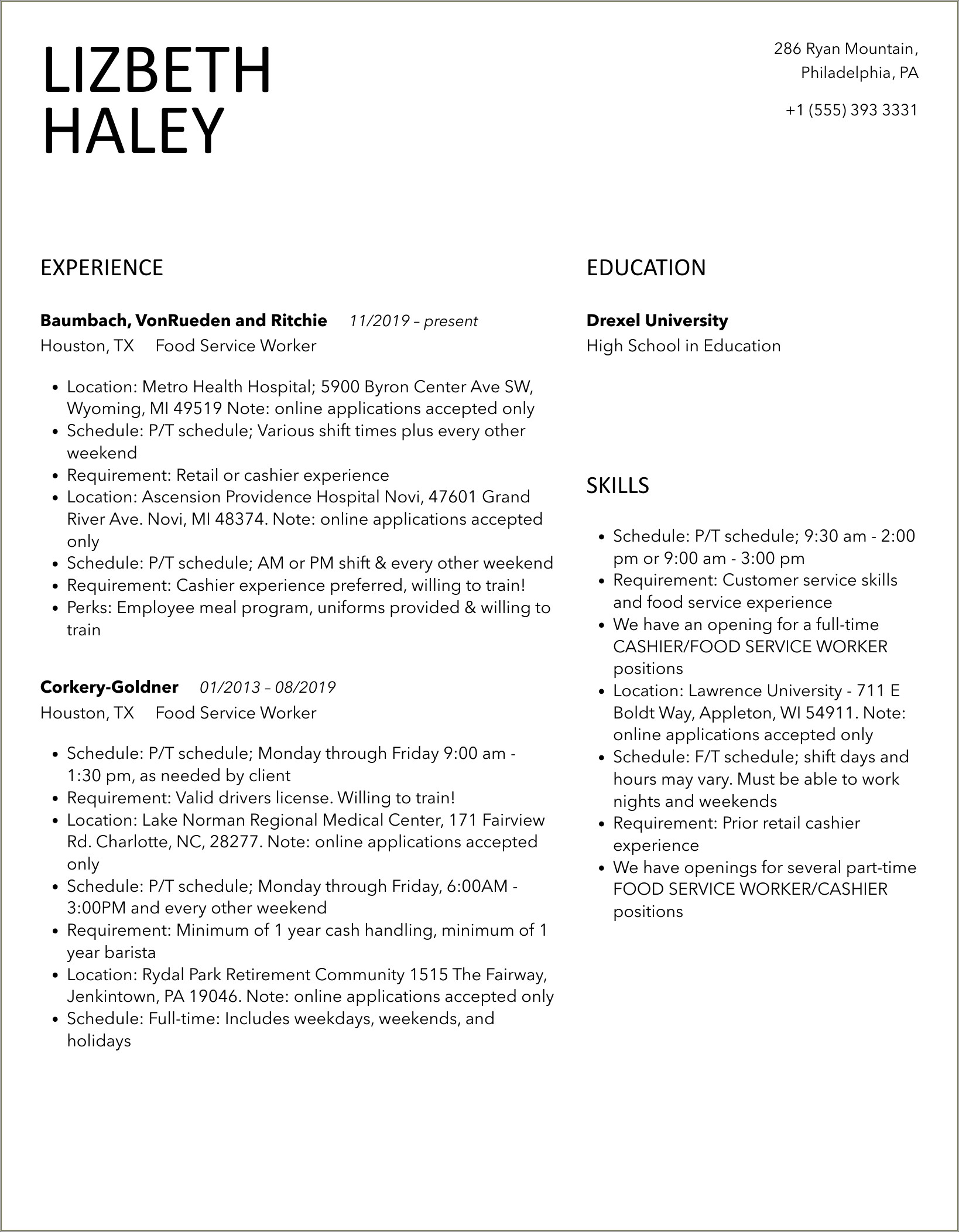 Sample Resume For Food Service Worker Monster