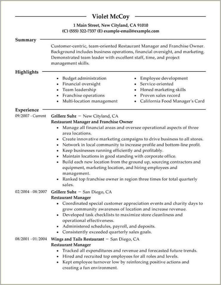 Sample Resume For Food Truck Manager