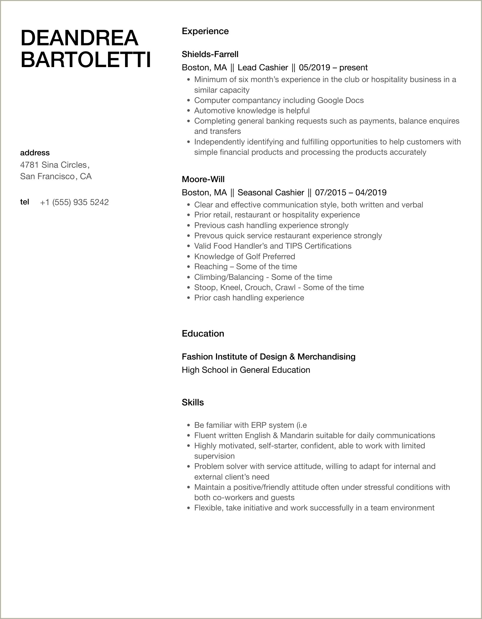 Sample Resume For Foreign Exchange Cashier
