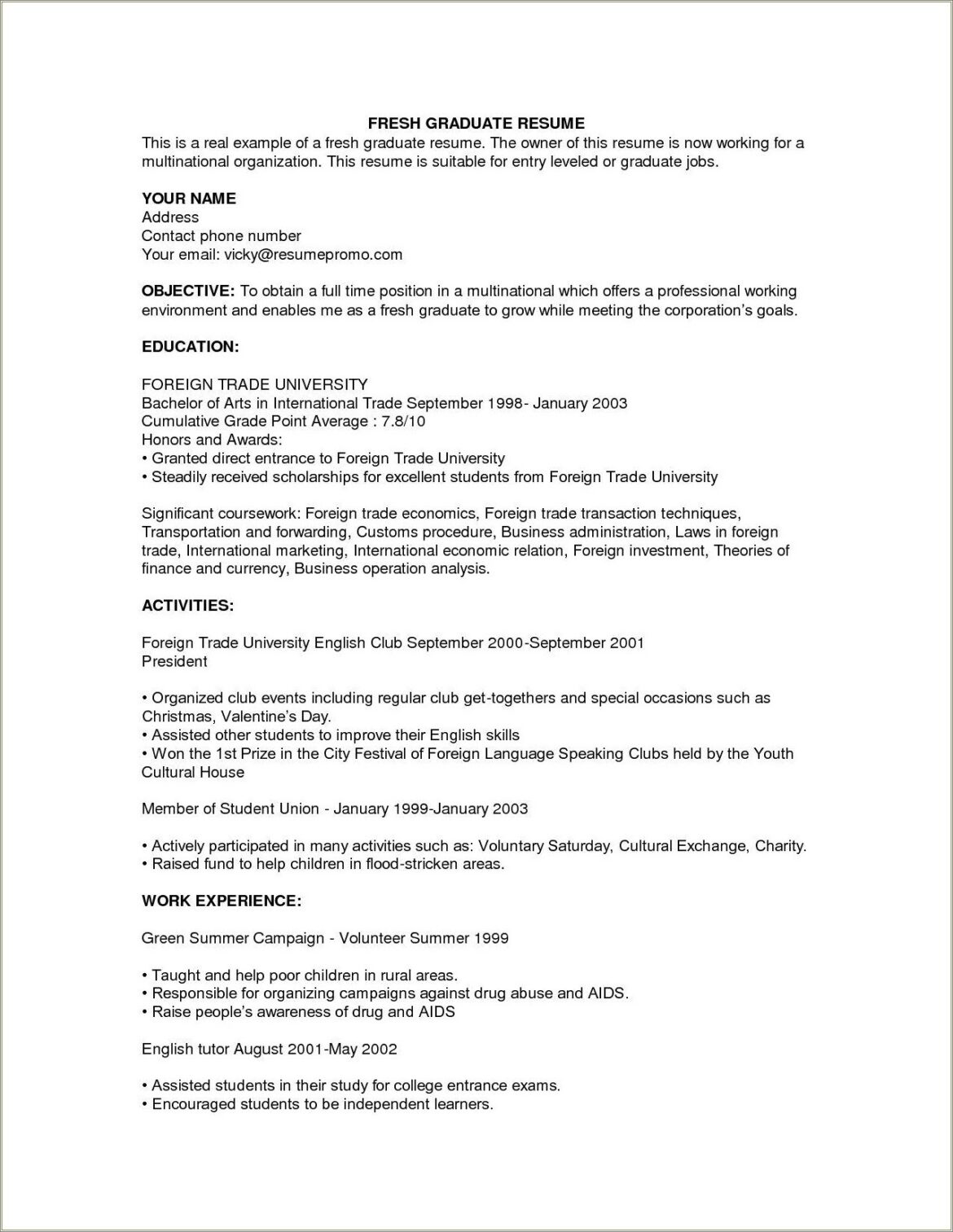 Sample Resume For Fresh Graduate Career Objective