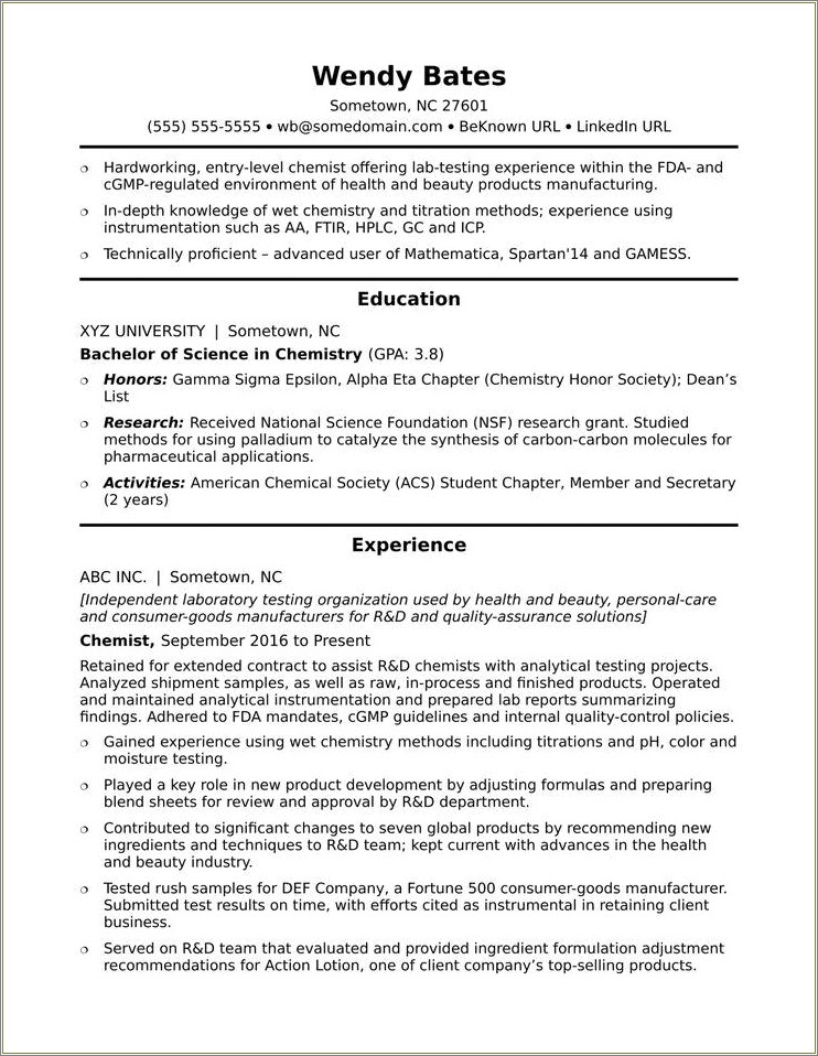Sample Resume For Fresh Graduate Chemistry