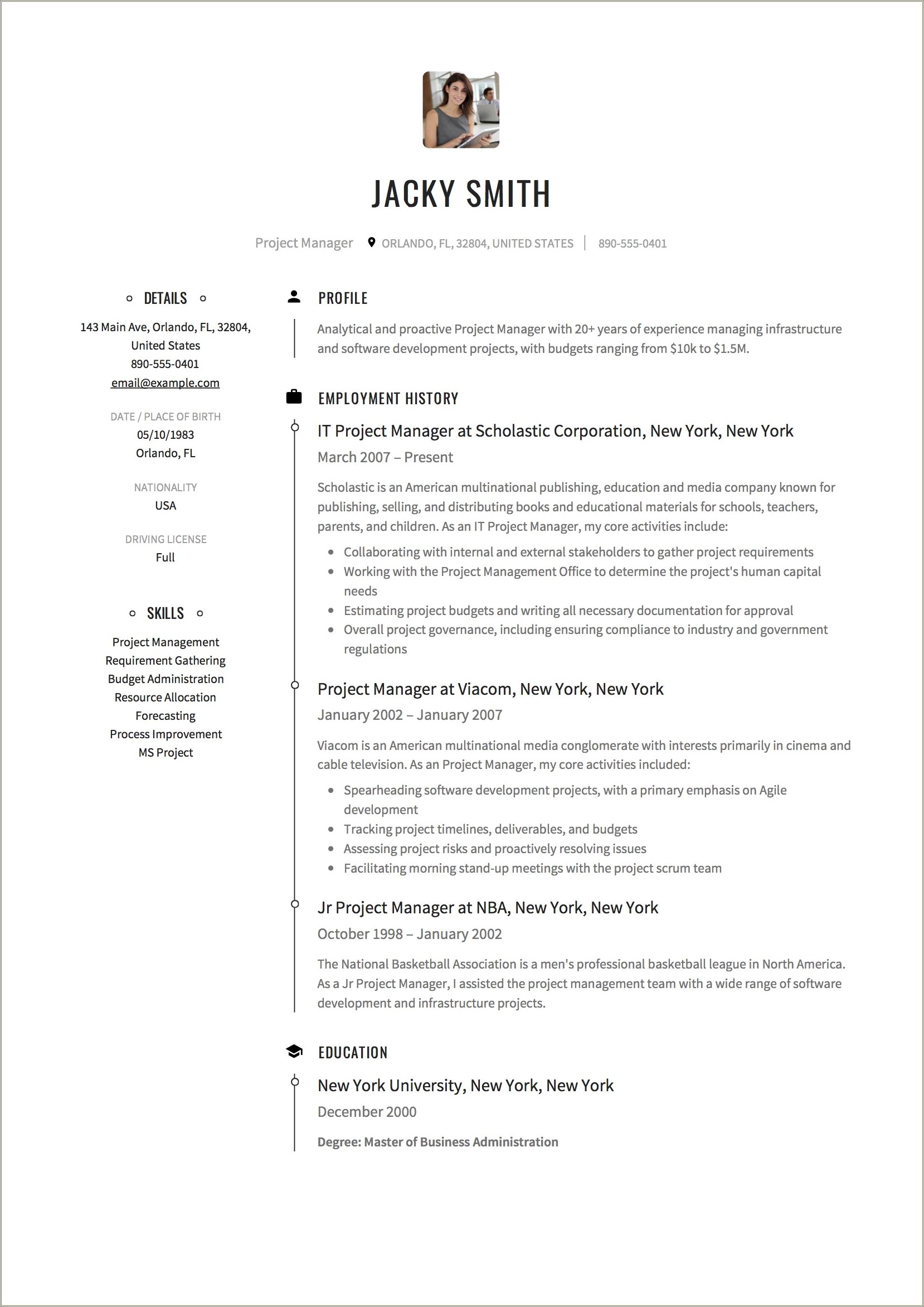 Sample Resume For Fresh Graduate In Project Management